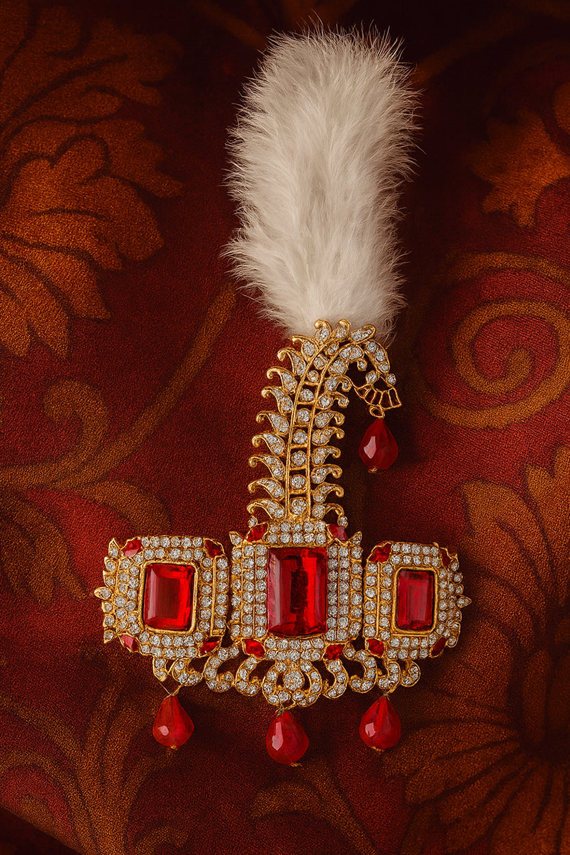 Mahi Premium Groom Kalangi for Wedding | Gold-Plated with Red White Crystals & Feather | Men’s Safa Pagdi Brooch | Rajputi Maharaja Style Turban Pin (KL1001026GRed)