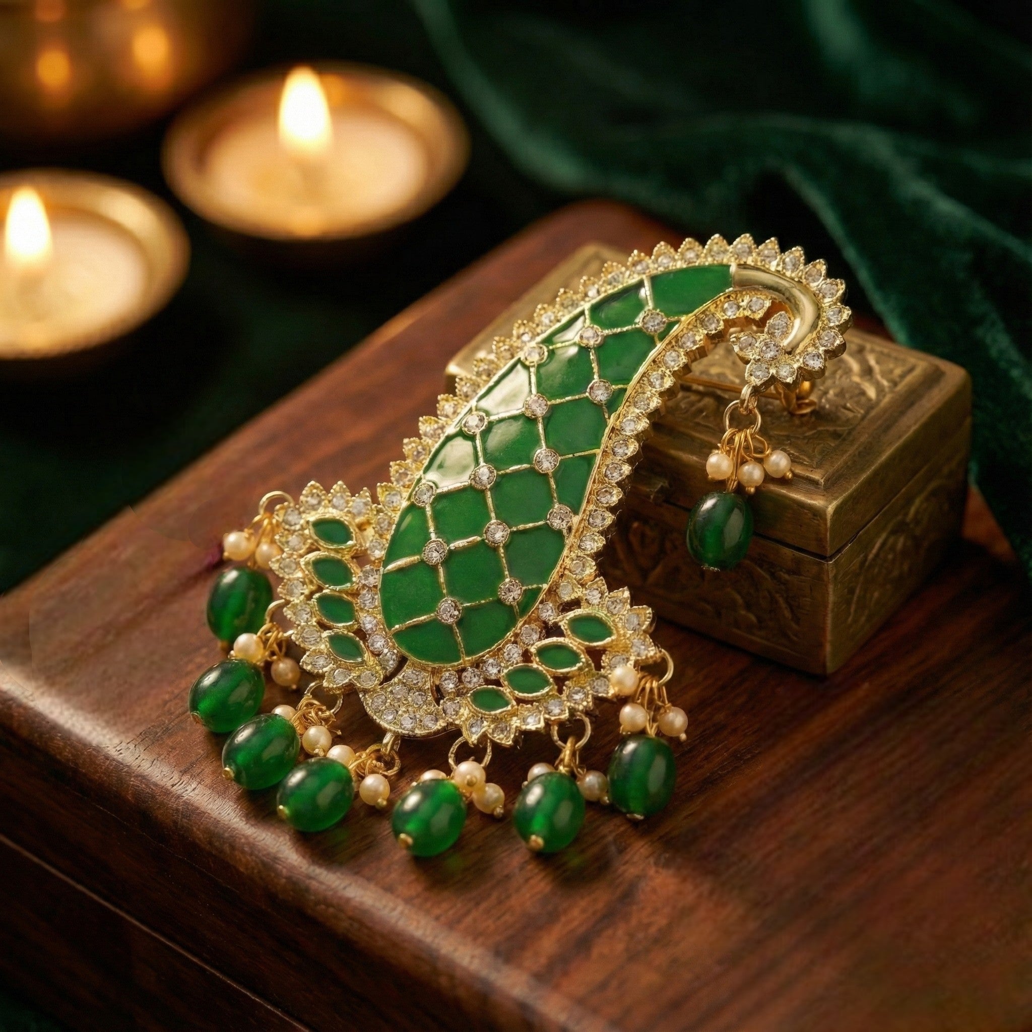 Mahi Royal Green Meenakari Enamelled Kalangi with White Crystals (Pagdi/Safa Brooch) for Groom (KL1001028GGre)