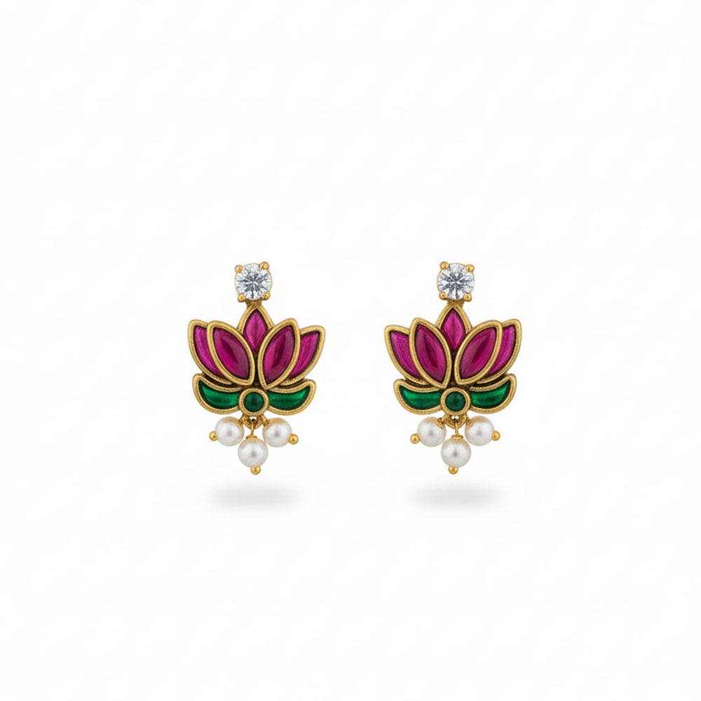 Locketto Lotus Kundan Stone And Pearl Earrings
