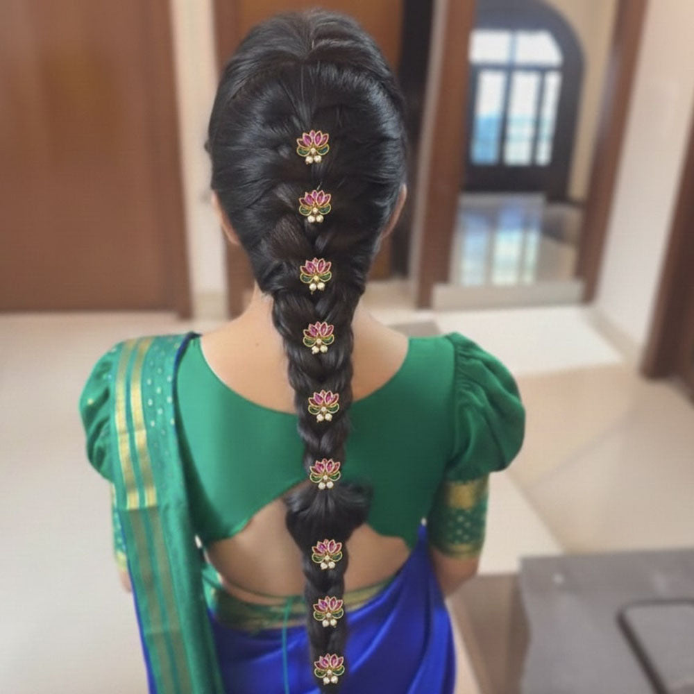 Locketto Royal Lotus Design Green Pink Meenakari Pearl U Pin