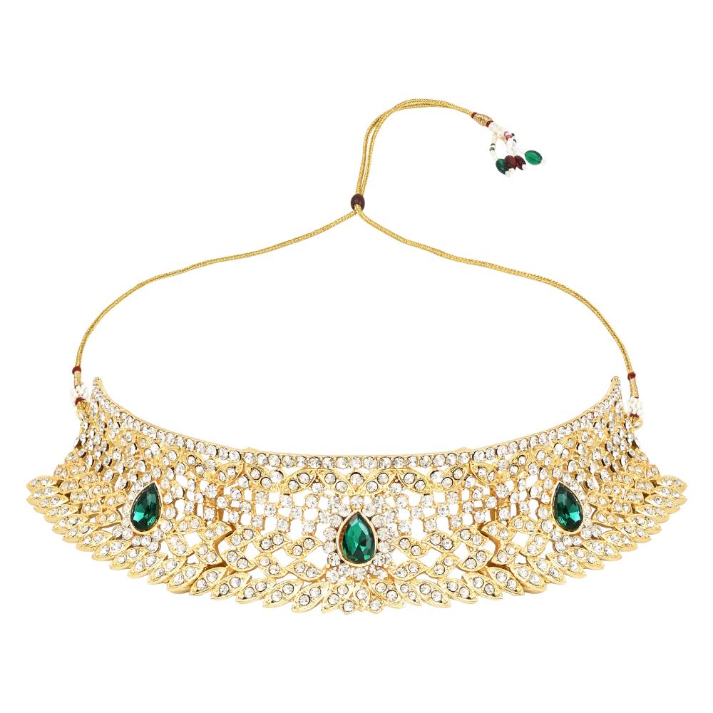 Etnico Gold Plated Traditional Design Stone Work Choker Necklace Jewellery Set With Earring & Maang Tikka For Women/Girls (M4170WG)