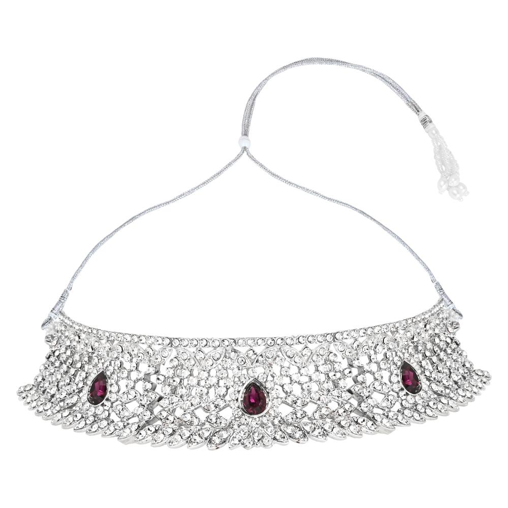 Etnico Silver Plated Traditional Design Stone Work Choker Necklace Jewellery Set With Earring & Maang Tikka For Women/Girls (M4170ZWi)