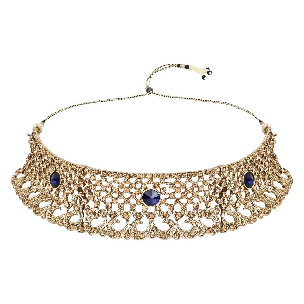 Etnico Gold Plated Traditional Design Stone Work Choker Necklace Jewellery Set With Earring & Maang Tikka For Women/Girls (M4171FLBl
