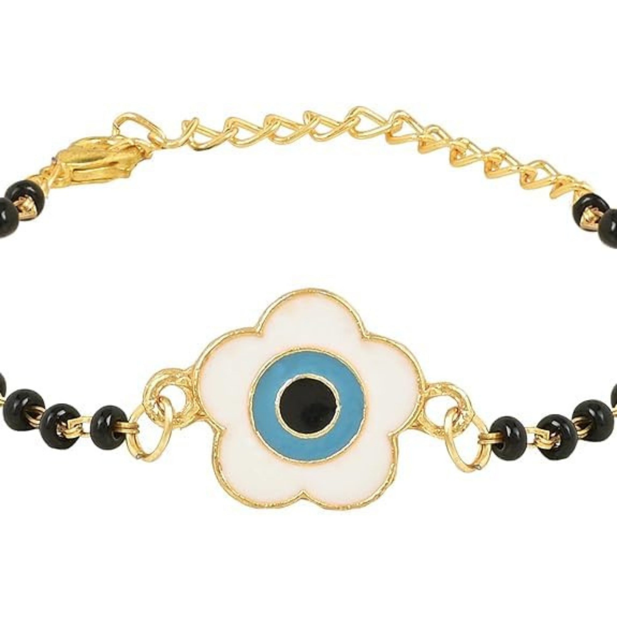 Etnico Gold Plated Traditional Adjustable Black Beads Mangalsutra Bracelet with White Pendant for Women (MB004B)