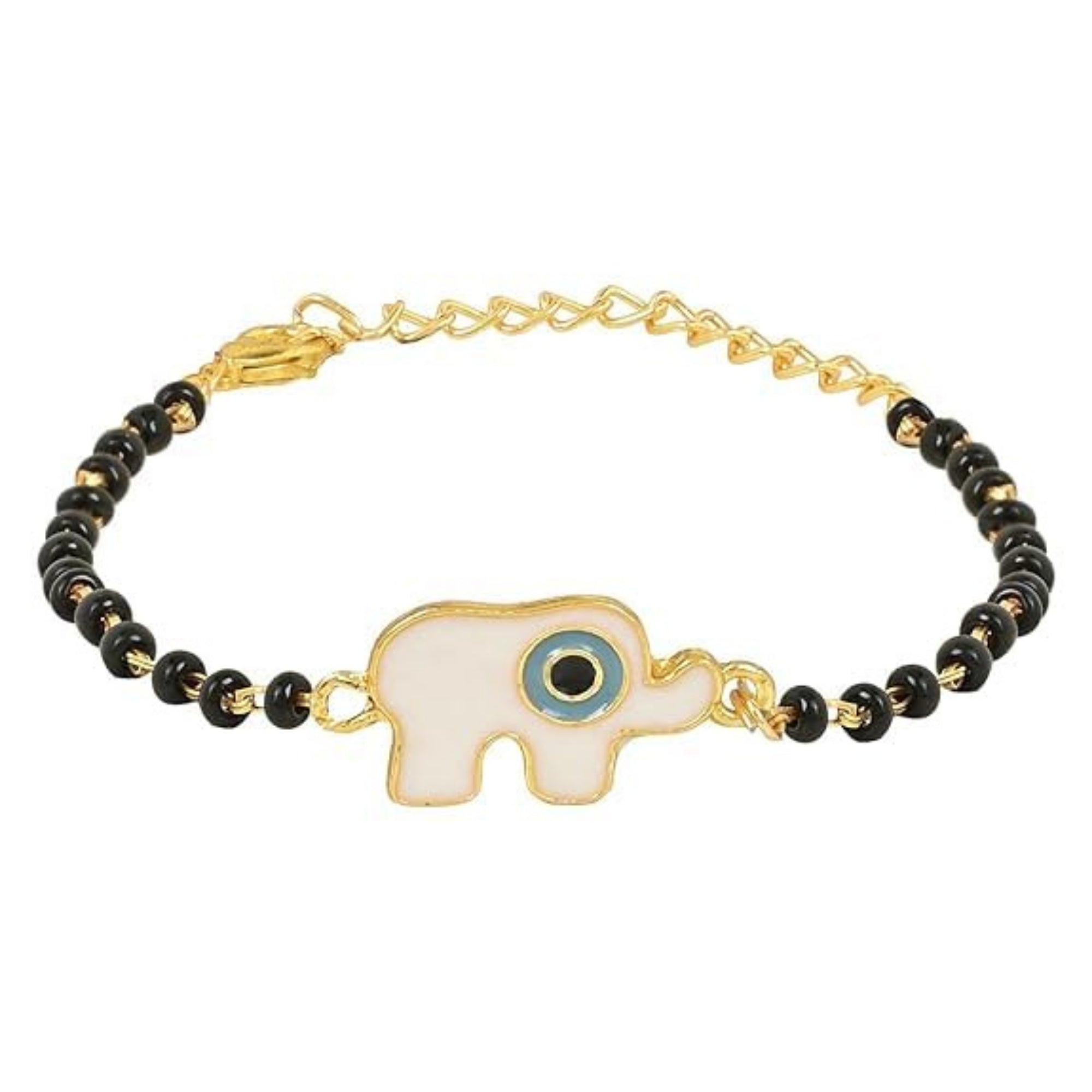 Etnico Gold Plated Traditional Adjustable Black Beads Mangalsutra Bracelet with White Pendant for Women (MB006G)