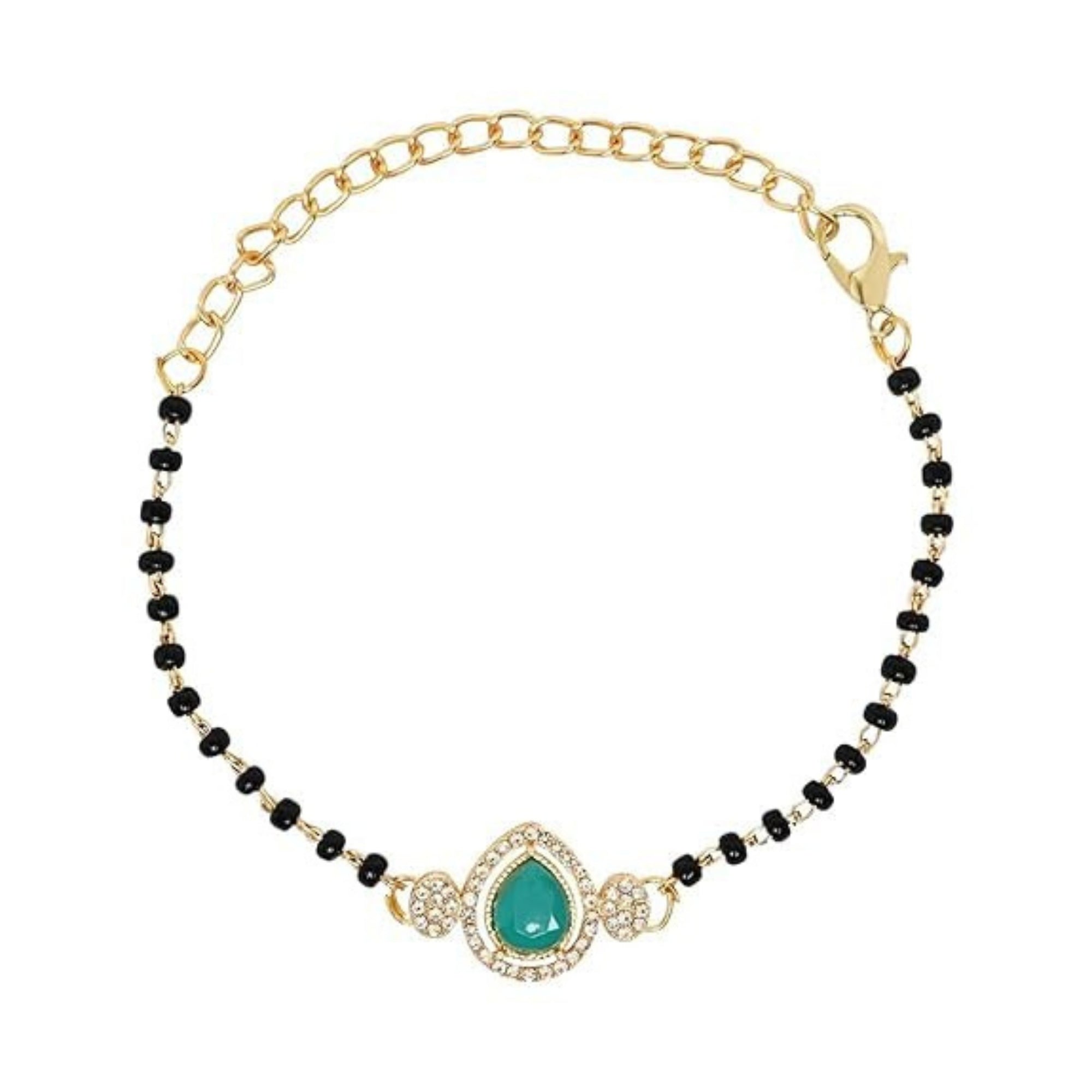 Etnico Gold Plated Traditional Adjustable Black Beads Mangalsutra Bracelet with White Pendant for Women (MB010Sb)