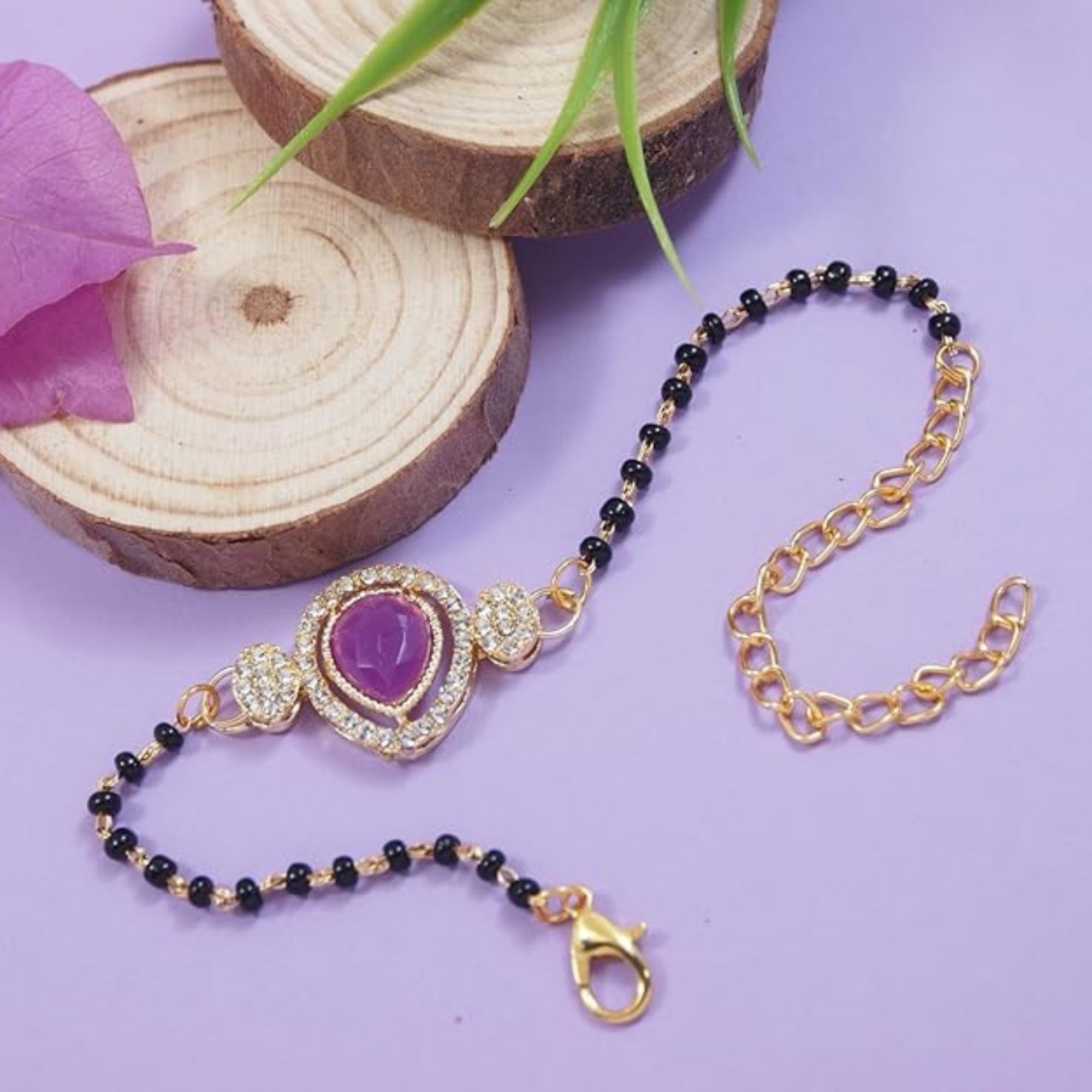 Etnico Gold Plated Traditional Adjustable Black Beads Mangalsutra Bracelet with White Pendant for Women (MB012Wi)