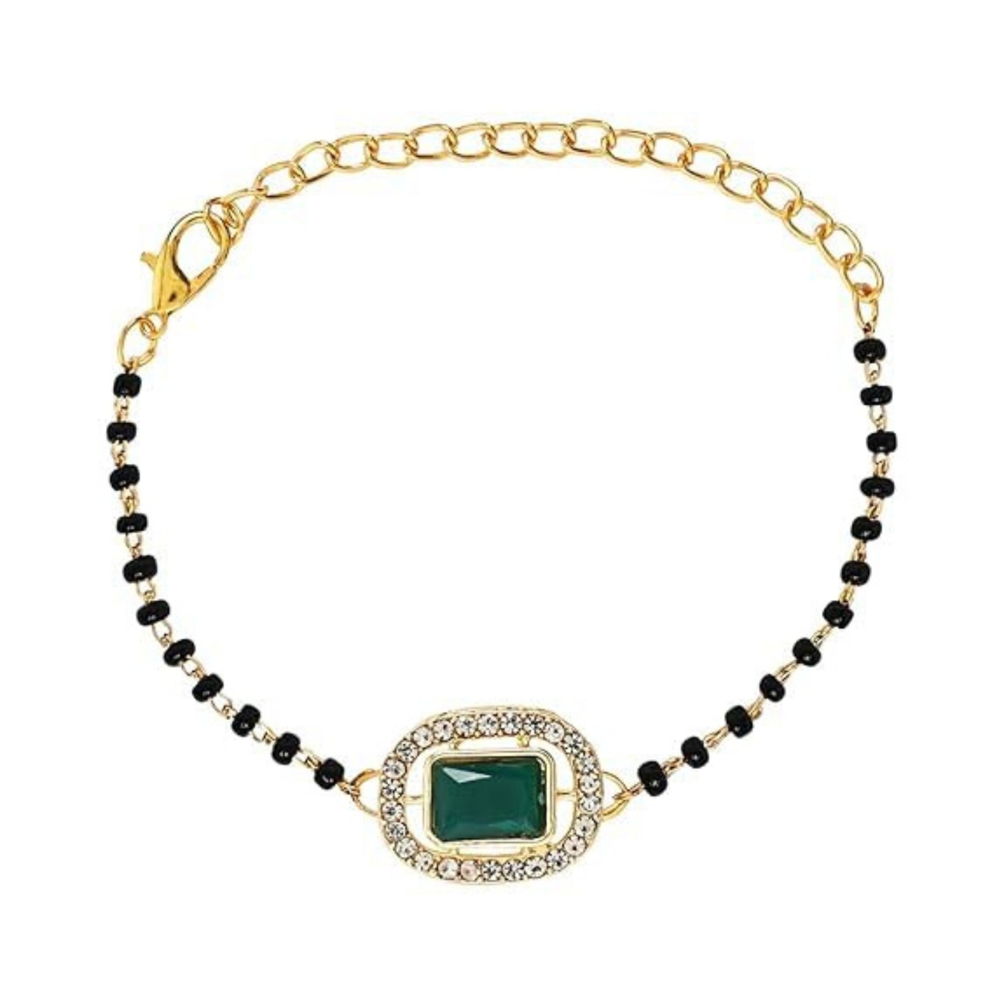 Etnico Gold Plated Traditional Adjustable Black Beads Mangalsutra Bracelet with White Pendant for Women (MB013G)