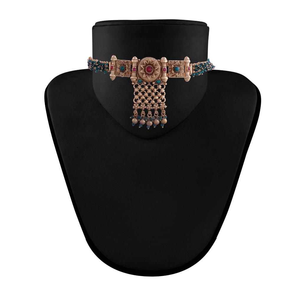 Etnico Gold Plated Traditional Brass Pearl Choker Necklace With Earrings for Women/Girls (MC111G)