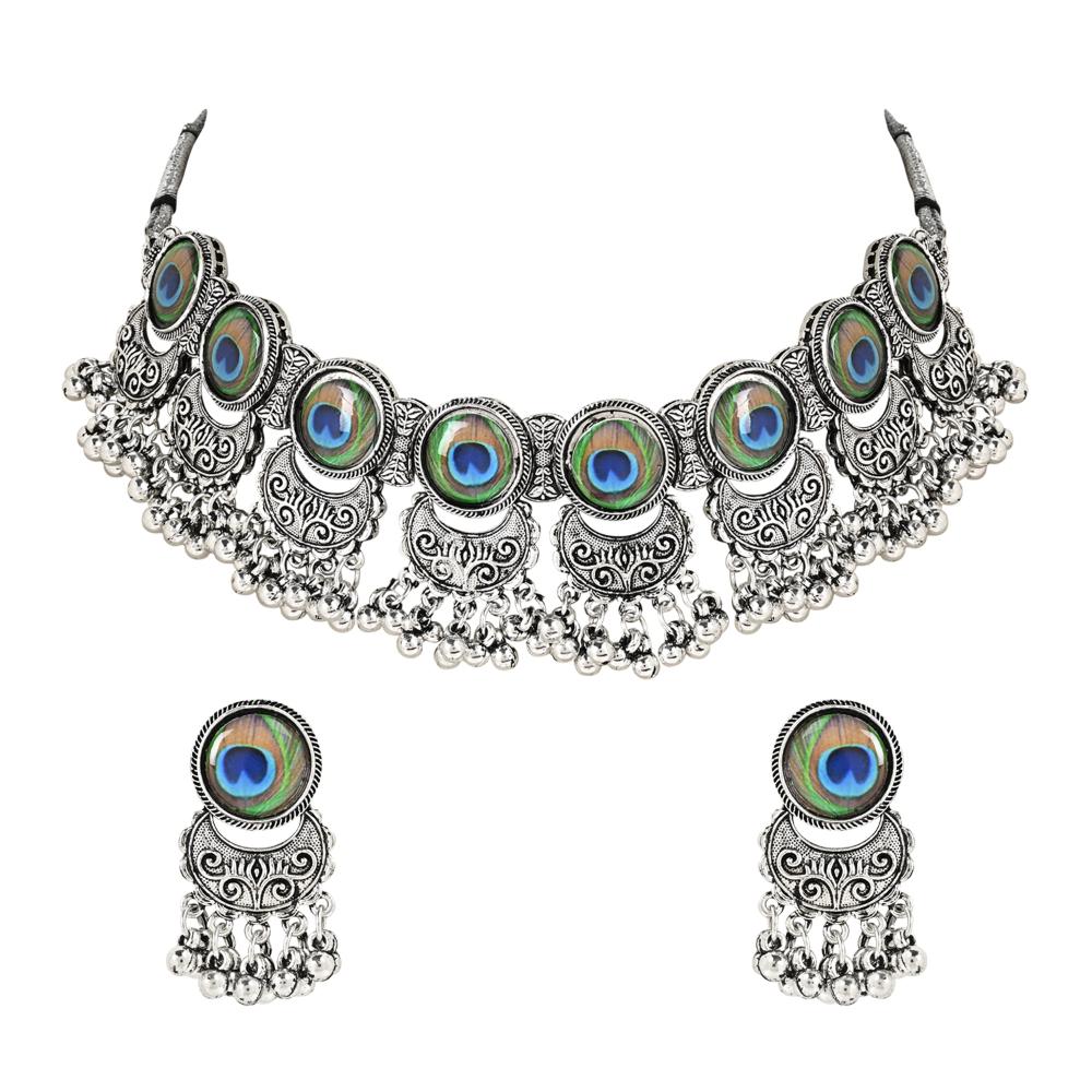 Etnico Oxidised Silver Plated Afghani Choker Necklace Jewellery Set for Women (MC144OX)