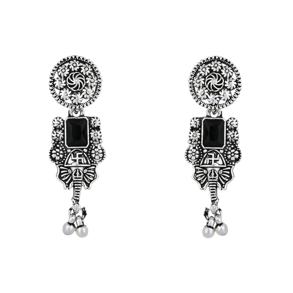 Etnico Boho Silver Oxidised Choker Necklace With Earrings & Maang Tikka Set (MC181ZB)