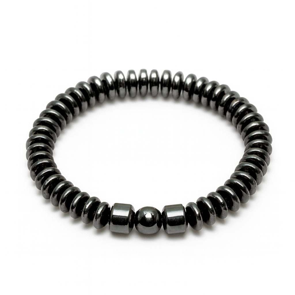 Etnico Hematite Stretchable Bead Bracelet with Disc & Accent Stones for Energy, Balance & Modern Style (MJB004)