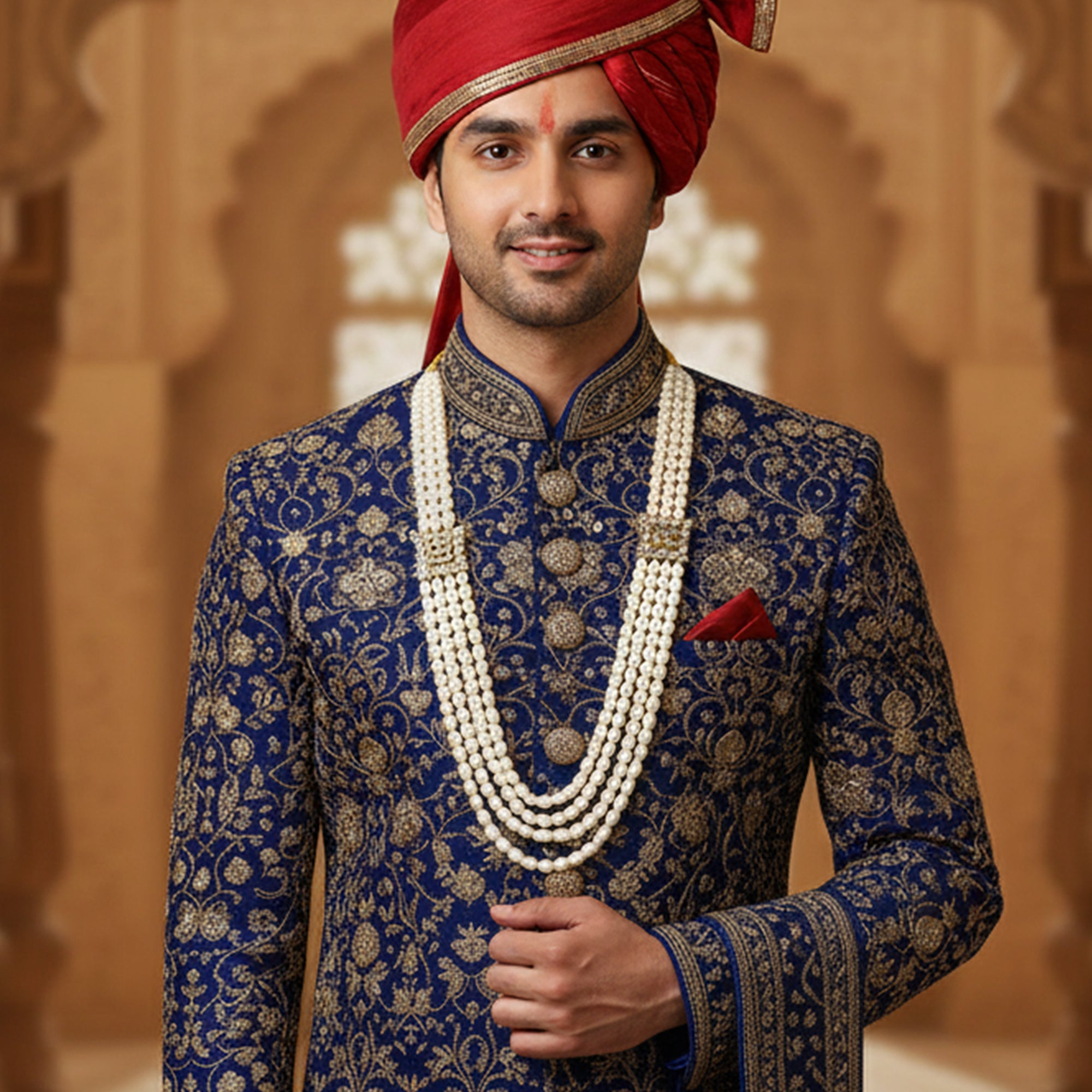 Mahi Elegant 4-Layer Dulha Mala for Groom with White Artificial Pearls & Crystals Traditional Wedding Necklace for Men | Sherwani Mala Jewelry (ML1103873GWhi)