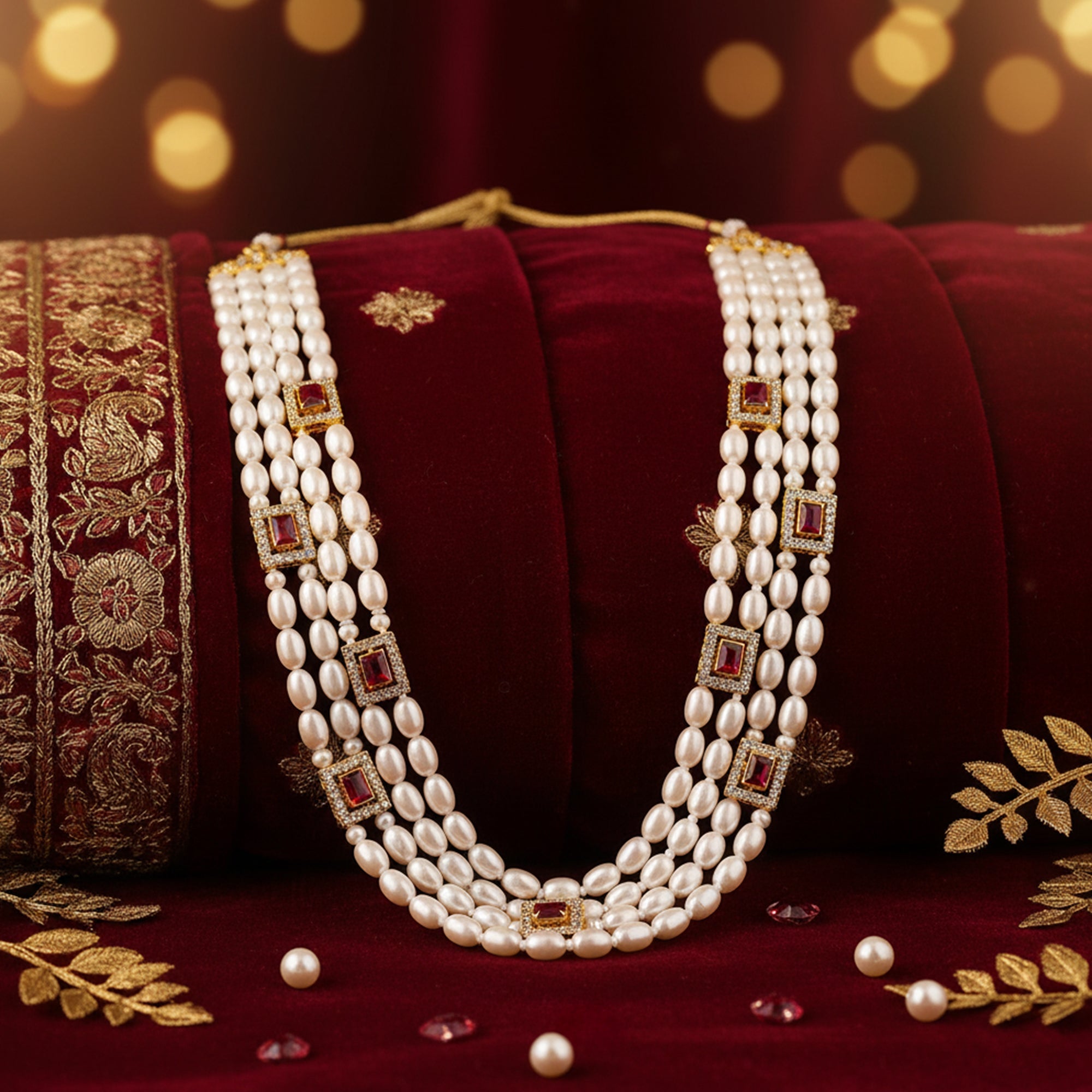 Mahi Royal Multi-Layered Artificial Pearls Crystals Dulha Mala for Groom Traditional Wedding Jewelry with Red Stone Detailing | Ethnic Maharaja Haar for Men (ML1103874G)