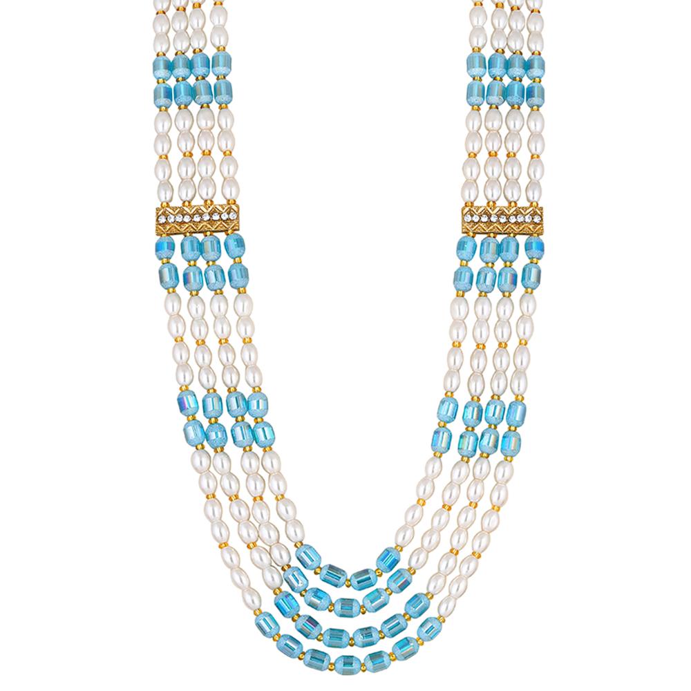 Mahi 4 Layers Blue and White Artificial Beads Base Groom / Dulha Mala Moti Haar Necklace for Men (ML1108106GBlu)