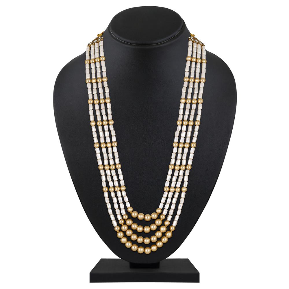 Mahi 4 Layers Golden and White Artificial Beads Base Groom / Dulha Mala Moti Haar Necklace for Men (ML1108107GGol)