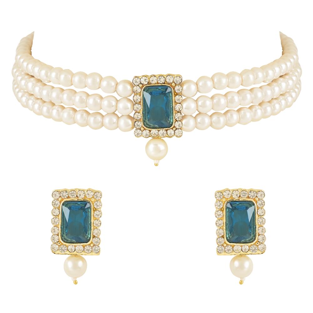 Etnico Gold Plated Pearl Choker Necklace & Earrings Set For Women (ML237RMG)