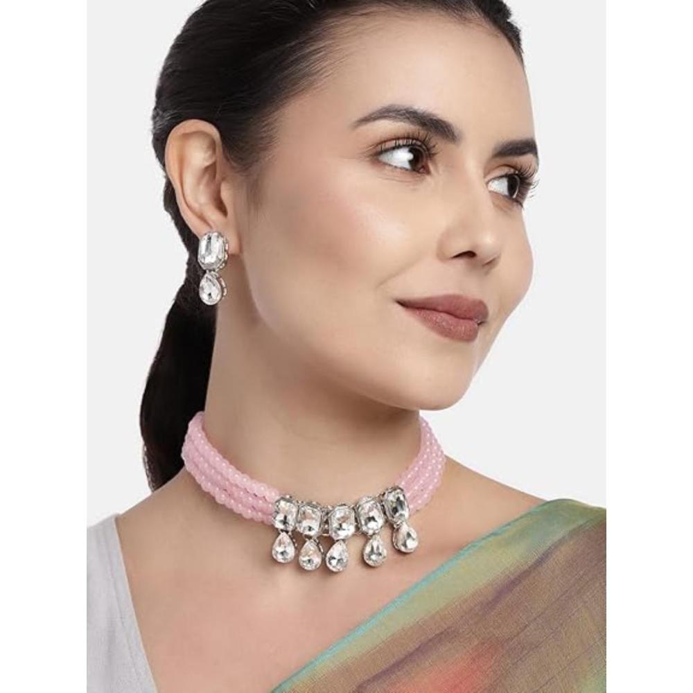 Etnico Silver Plated Traditional Stone Studded Pearl Choker Necklace with Earrings Set For Women (ML249ZPi)