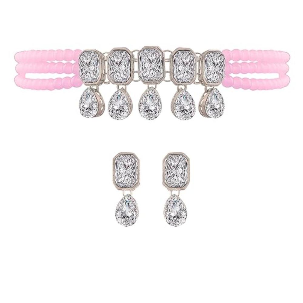 Etnico Silver Plated Traditional Stone Studded Pearl Choker Necklace with Earrings Set For Women (ML249ZPi)