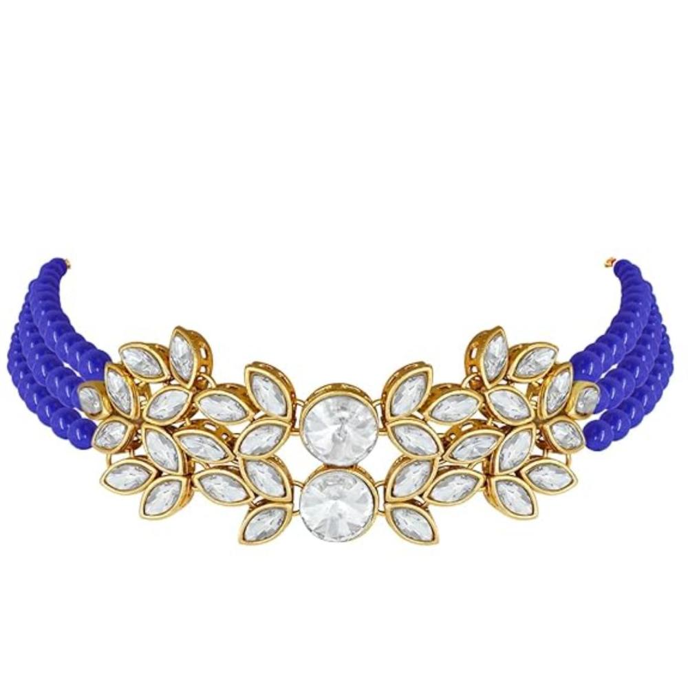 Etnico Gold Plated Pearl Choker Necklace With Earrings & Maang Tikka Set (ML285BL)