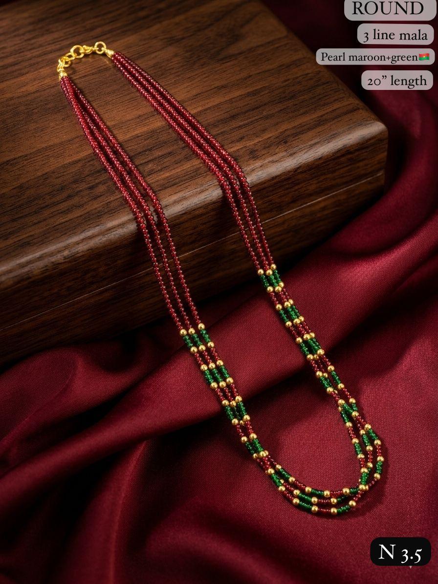 LAFZ Elegant 3-Line Maroon & Green Bead Mala Necklace – 20" Lenght Festal Kantha Mala