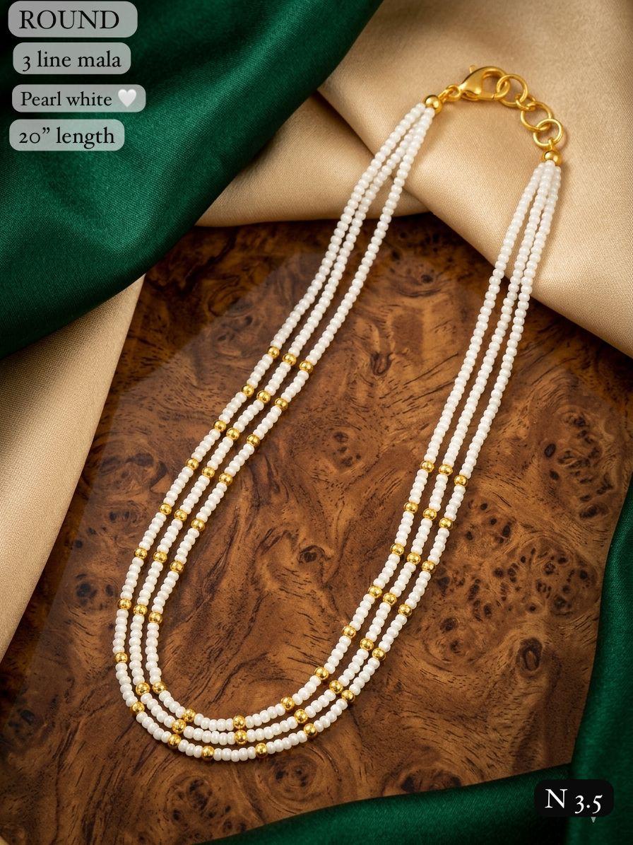 LAFZ Elegant 3-Line White Bead Mala Necklace“ 20" Lenght Festal Kantha Mala