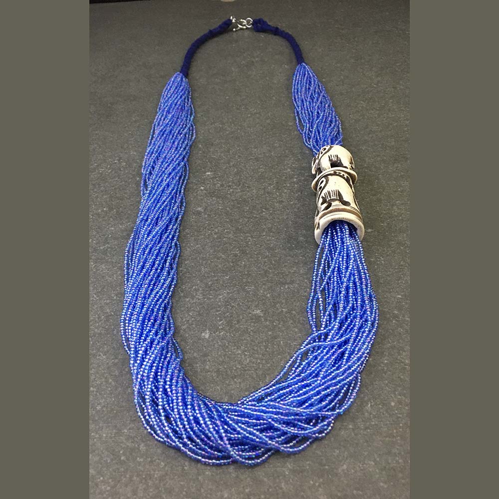 Multi Layered Seed Bead With Bone Elephant Pendant Necklace