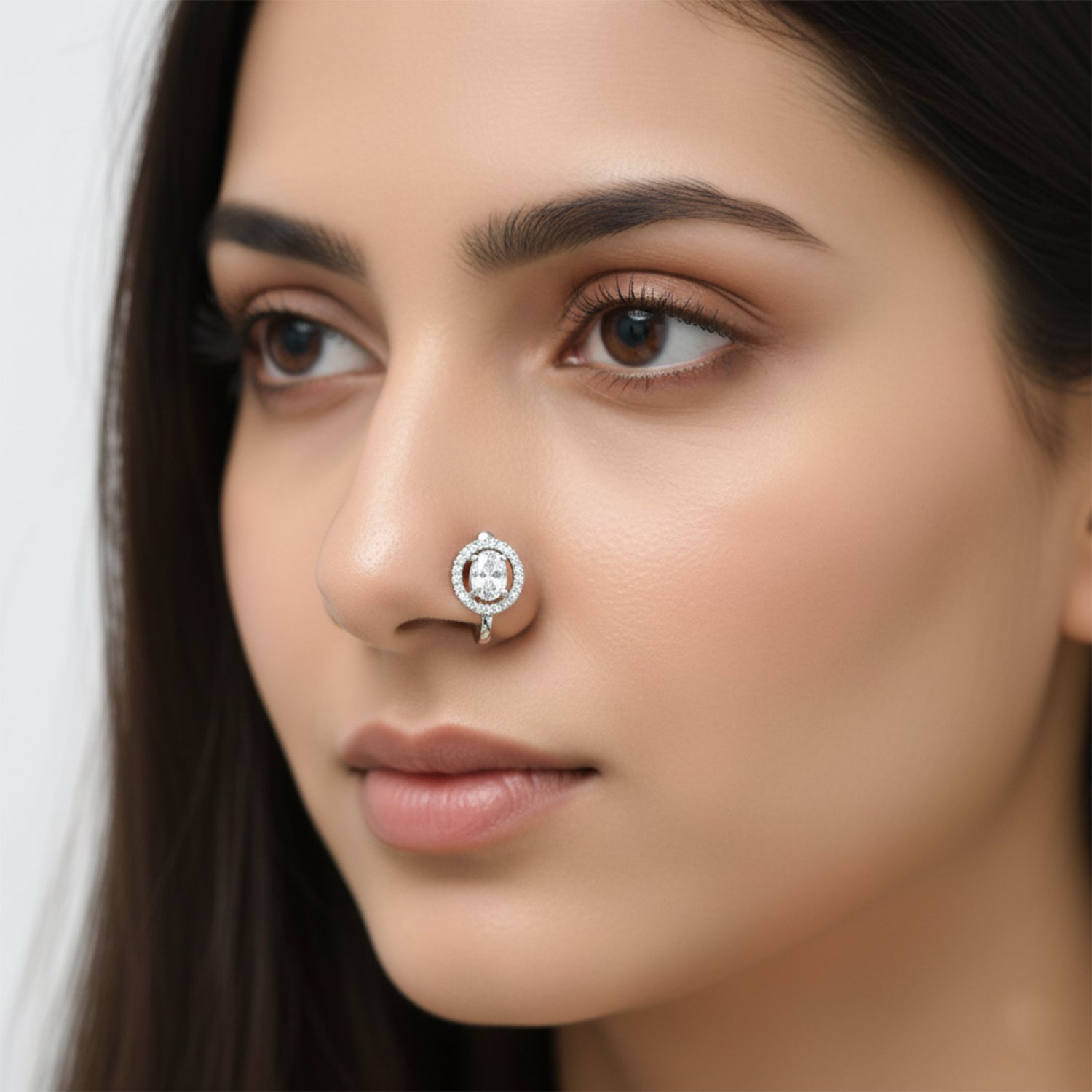 Etnico Clip On Non Piercing Pressing Type Stone Nose Pin, Nose Pin Stud For Women (Silver)