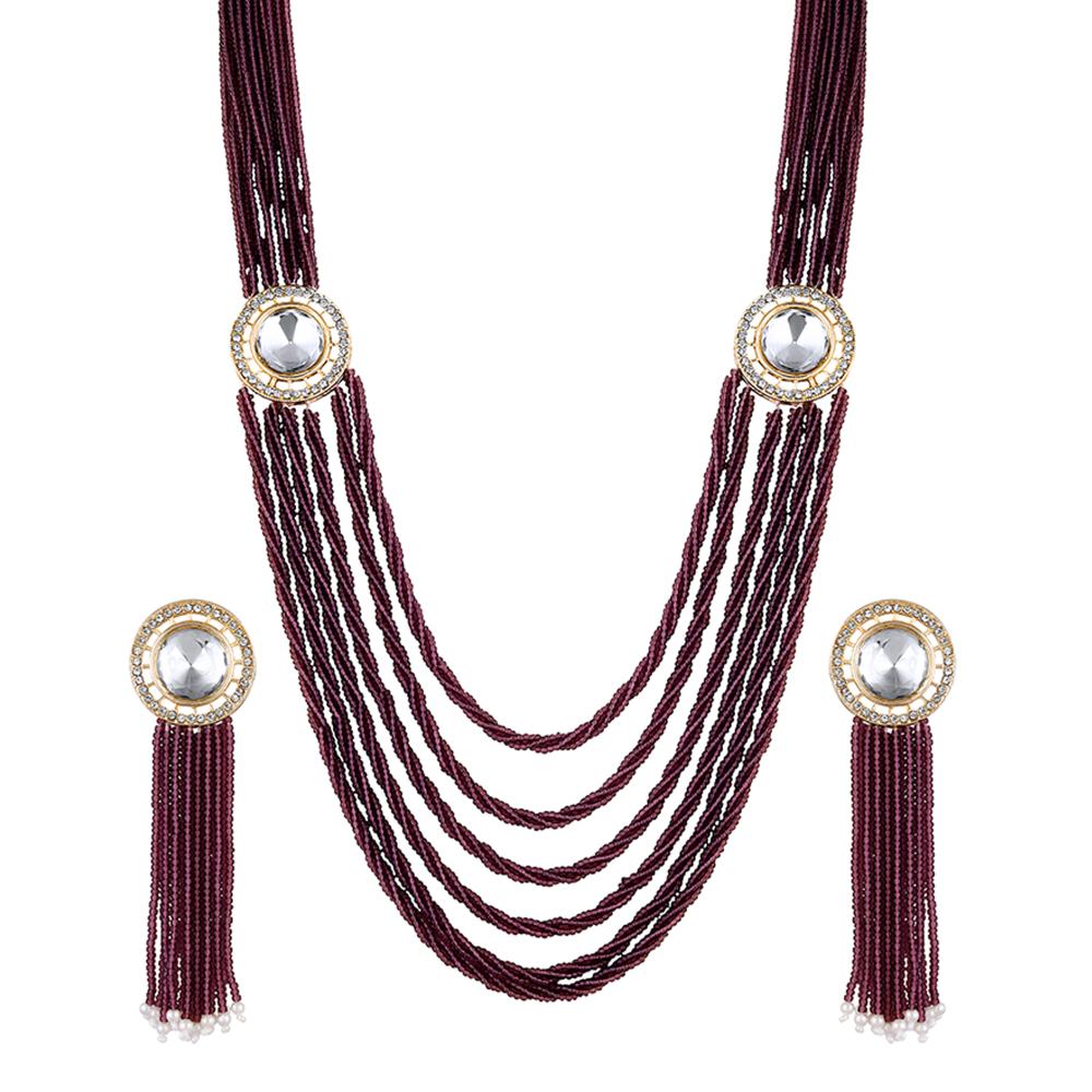Mahi Gold Plated Maroon and White Crystal Beaded Maharani Layered Necklace Set for Women (NL1103812GMar)