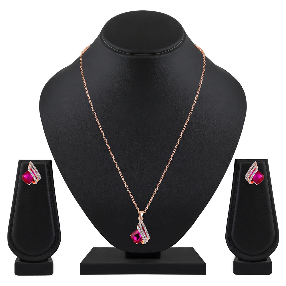 Mahi Shining Angel Wings Shaped Pink and White Crystal Pendant Necklace Earrings Set for Women (NL1103813ZPin)