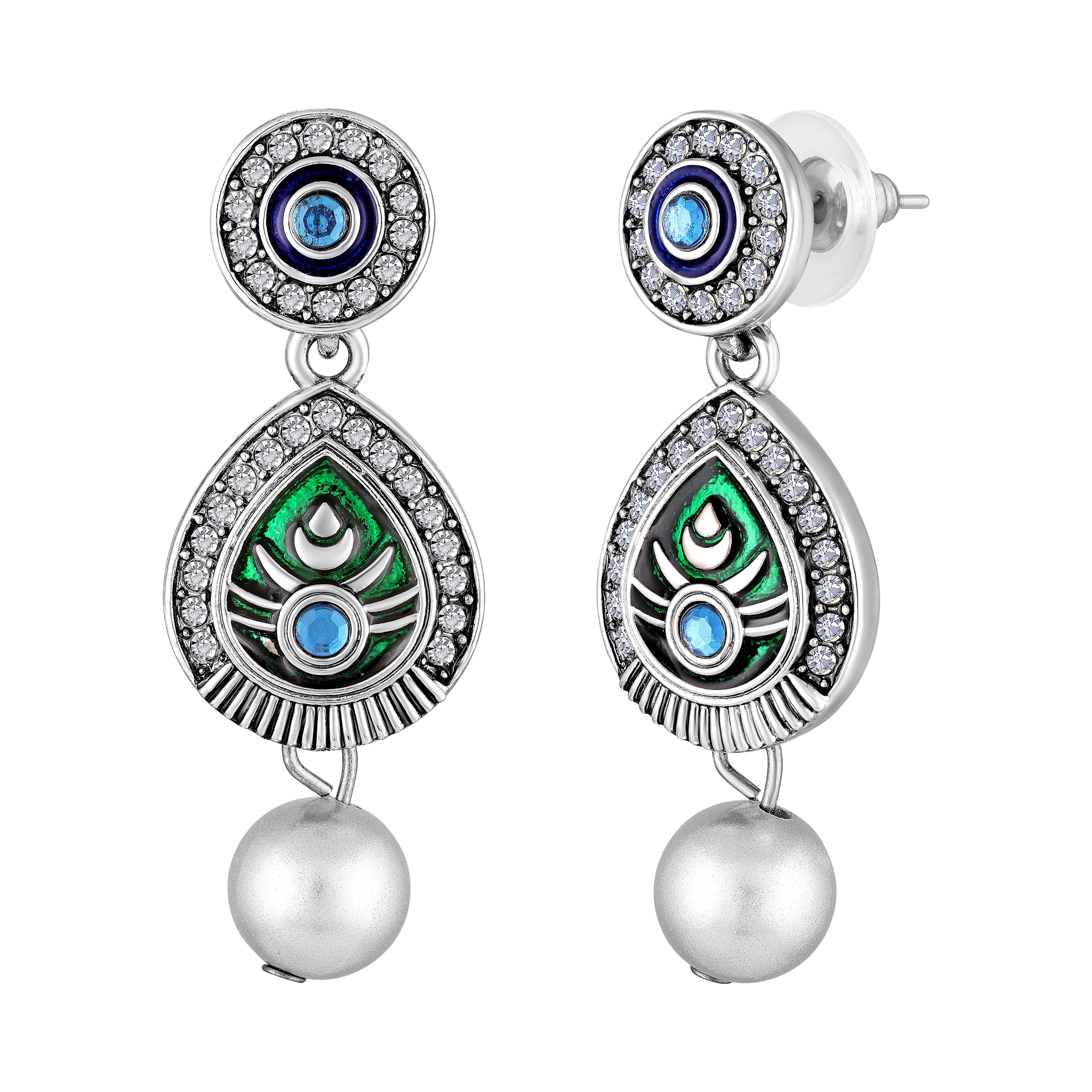 Mahi Peacock-Shaped Om Oxidised Silver Artificial Pearl Beaded Necklace Set for Women | Enamel & Crystals with Pearl Drop Earrings (NL1108125R)