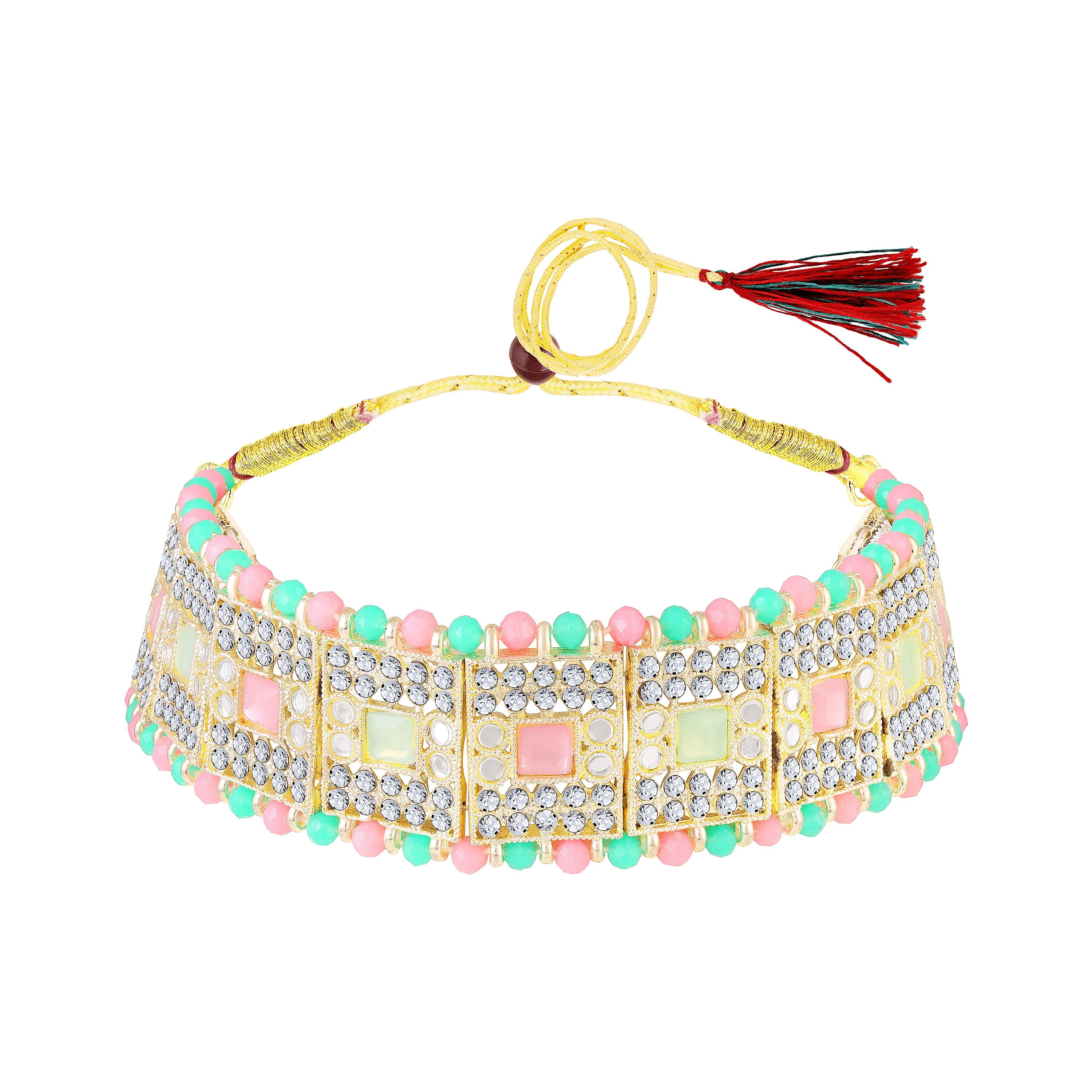 Mahi Ethnic Wedding & Festive Wear Colurful Kundan & Mirror Stone Bridal Choker Jewellery Set with Earrings & Maang Tikka Necklace Set for Women (NL1108128GMul)