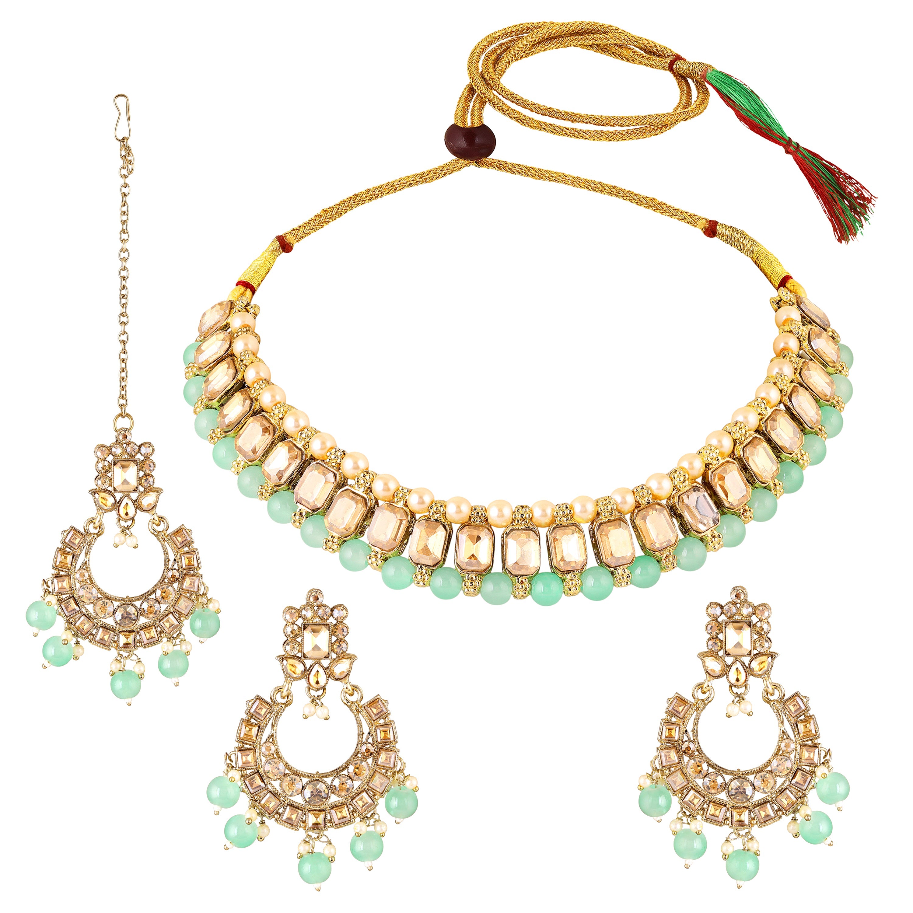 Mahi Traditional Kundan & Glass Beads Choker Jewellery Set with Earrings & Maang Tikka Necklace Set for Women & Girls (NL1108134G)