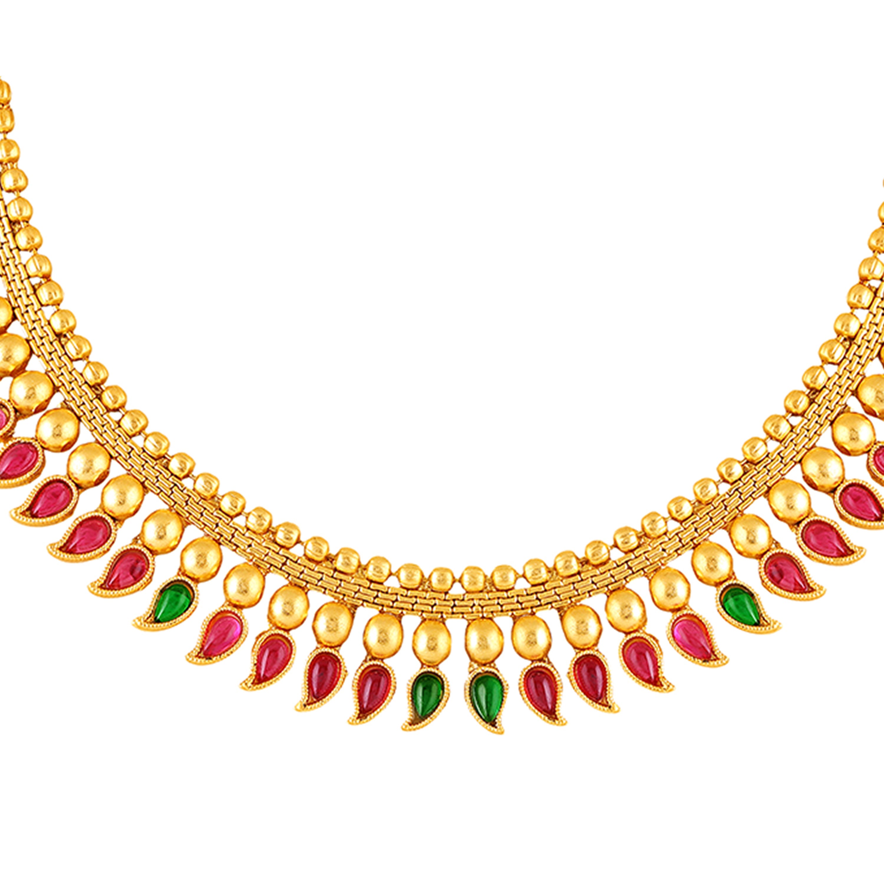 Mahi Traditional South Indian Temple Necklace Set with Earrings for Women | Bridal & Festive Jewellery Set | Kundan Red & Green Design (NL1108137G)