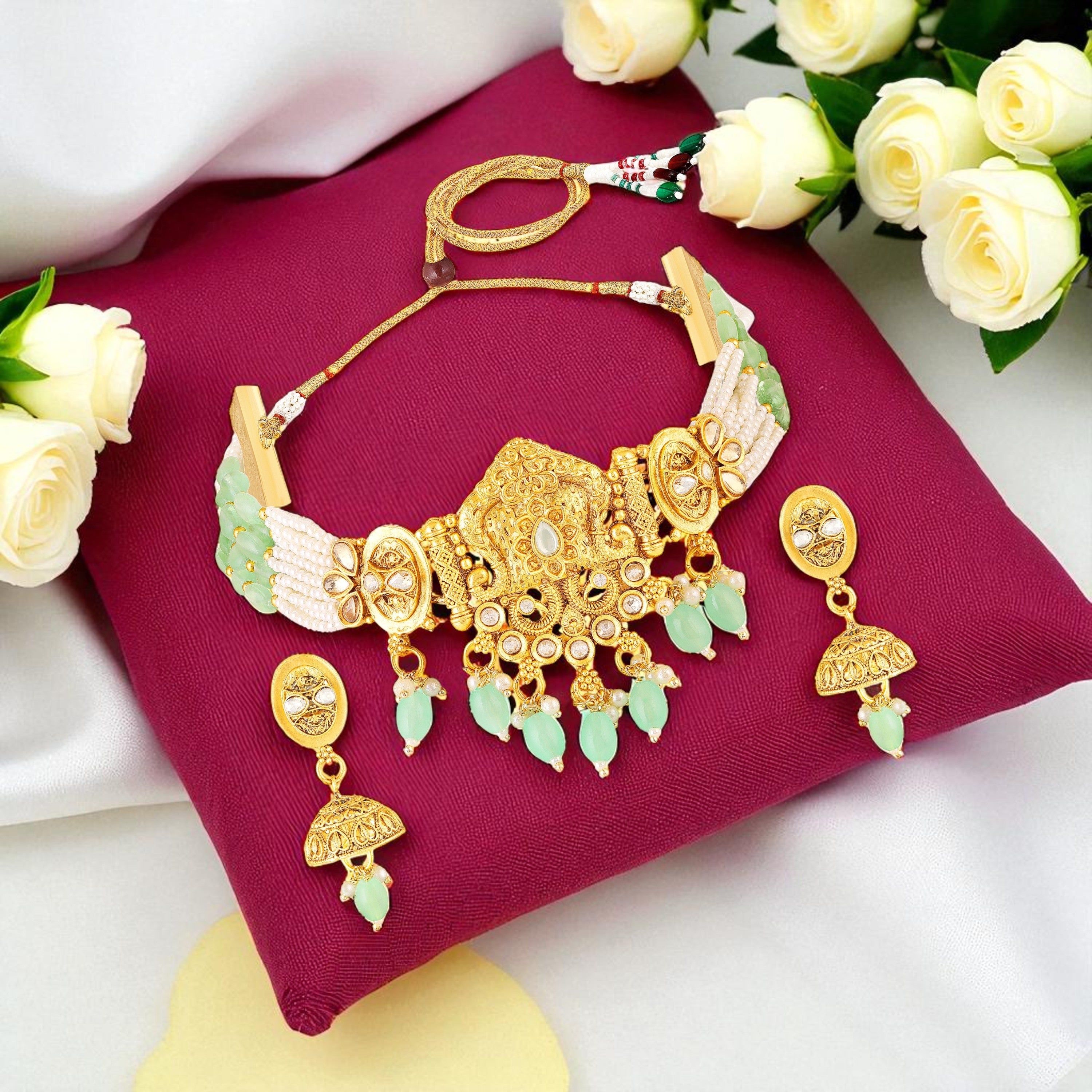 Mahi Traditional Gold Plated Choker Necklace Set with Earrings for Women | Kundan & Bead Work Temple Jewellery | Bridal & Festive Wear (NL1108144G)