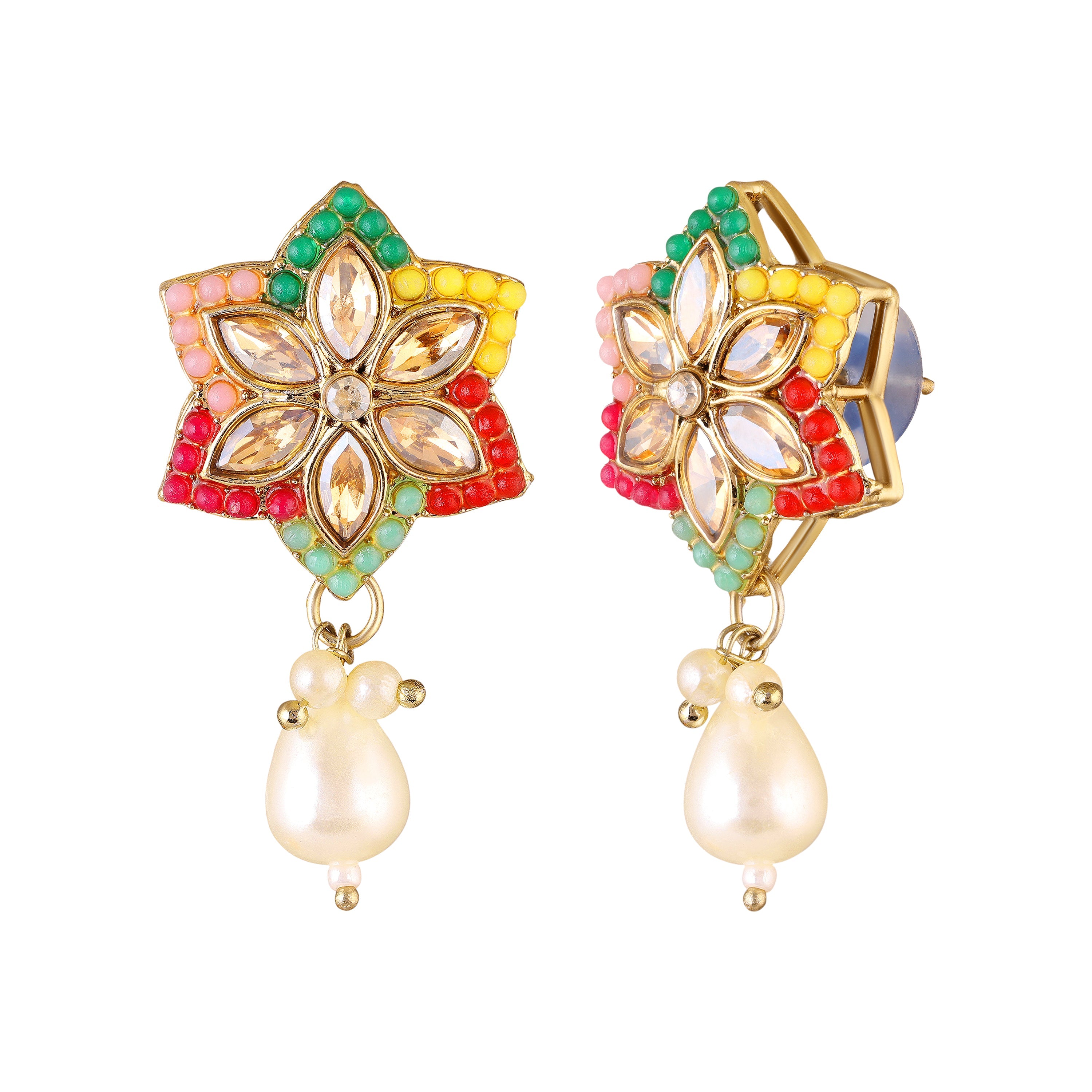 Mahi Traditional Multicolor Kundan & Artificial Pearl Beaded Floral Necklace Set with Earrings for Women & Girls | Ethnic Jewellery Set for Wedding & Festive Wear (NL1108145GMul)