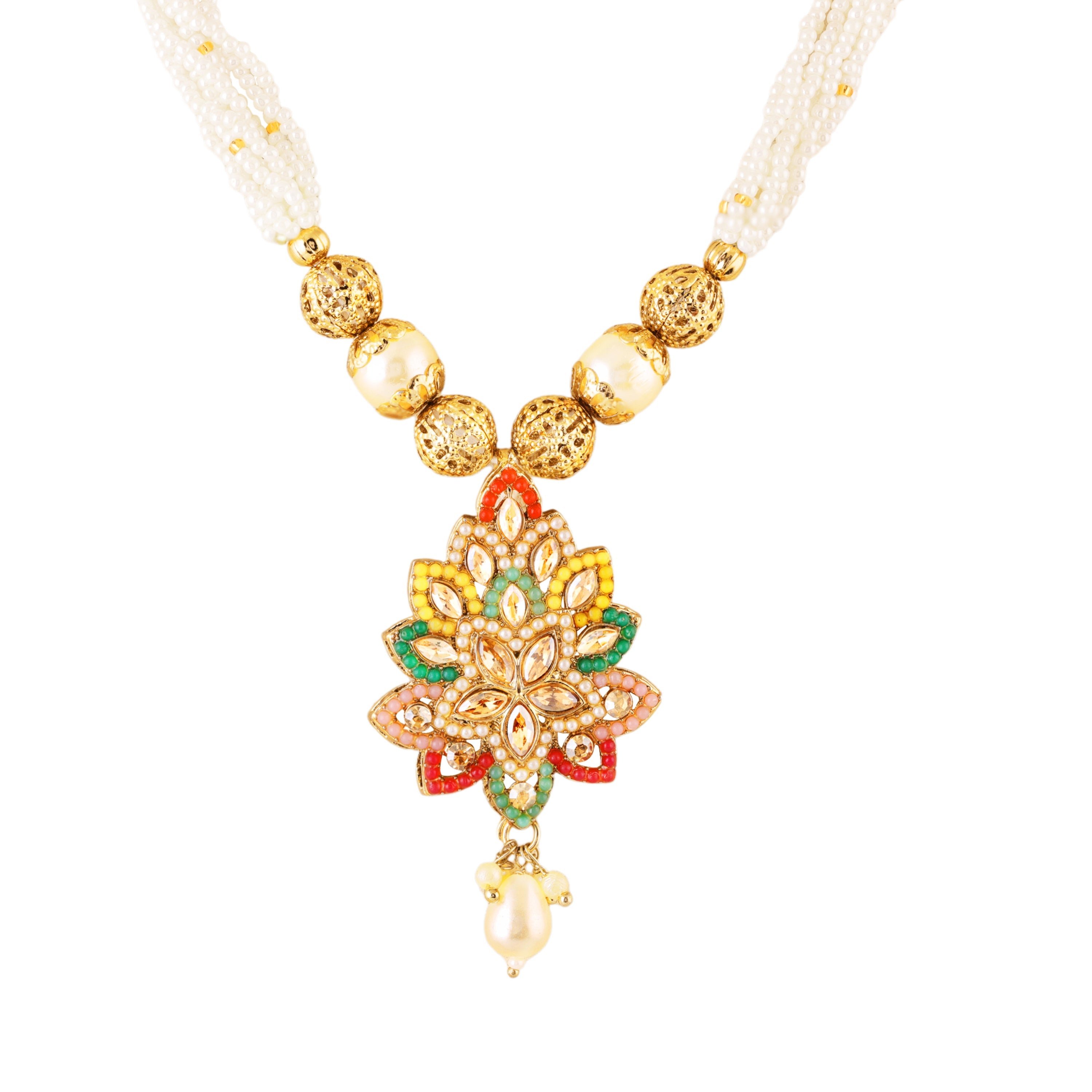 Mahi Traditional Multicolor Kundan & Artificial Pearl Beaded Floral Necklace Set with Earrings for Women & Girls | Ethnic Jewellery Set for Wedding & Festive Wear (NL1108145GMul)