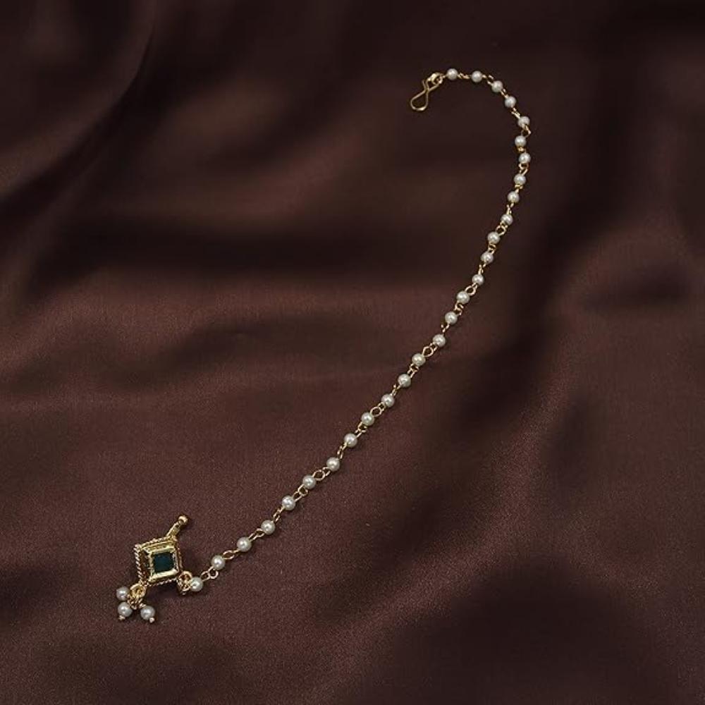 Etnico 18k Gold Plated Traditional Ethnic Bridal Nose Ring/Nath without piercing with Pearl Chain Encased with Pearl Stone for Women/Girls (NL36G)