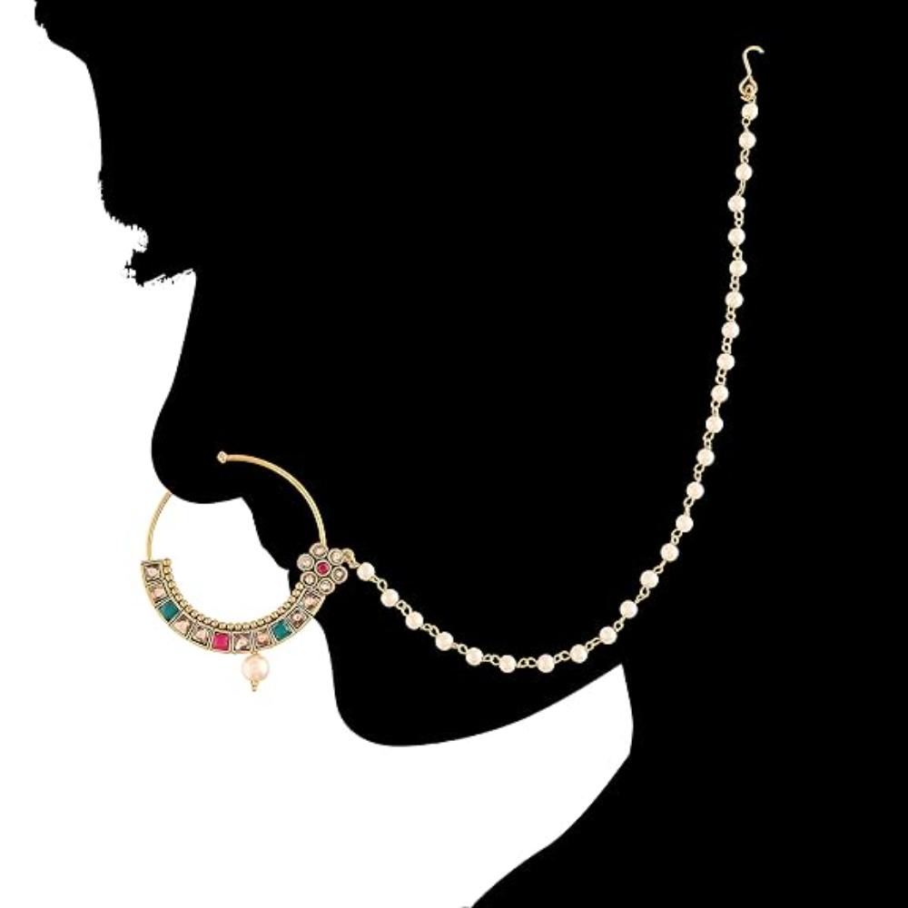 Etnico Gold Plated Traditional Ethnic Bridal Nose Ring/Nath without piercing with Pearl Chain Encased with Pearl Stone for Women/Girls (Pink Green)
