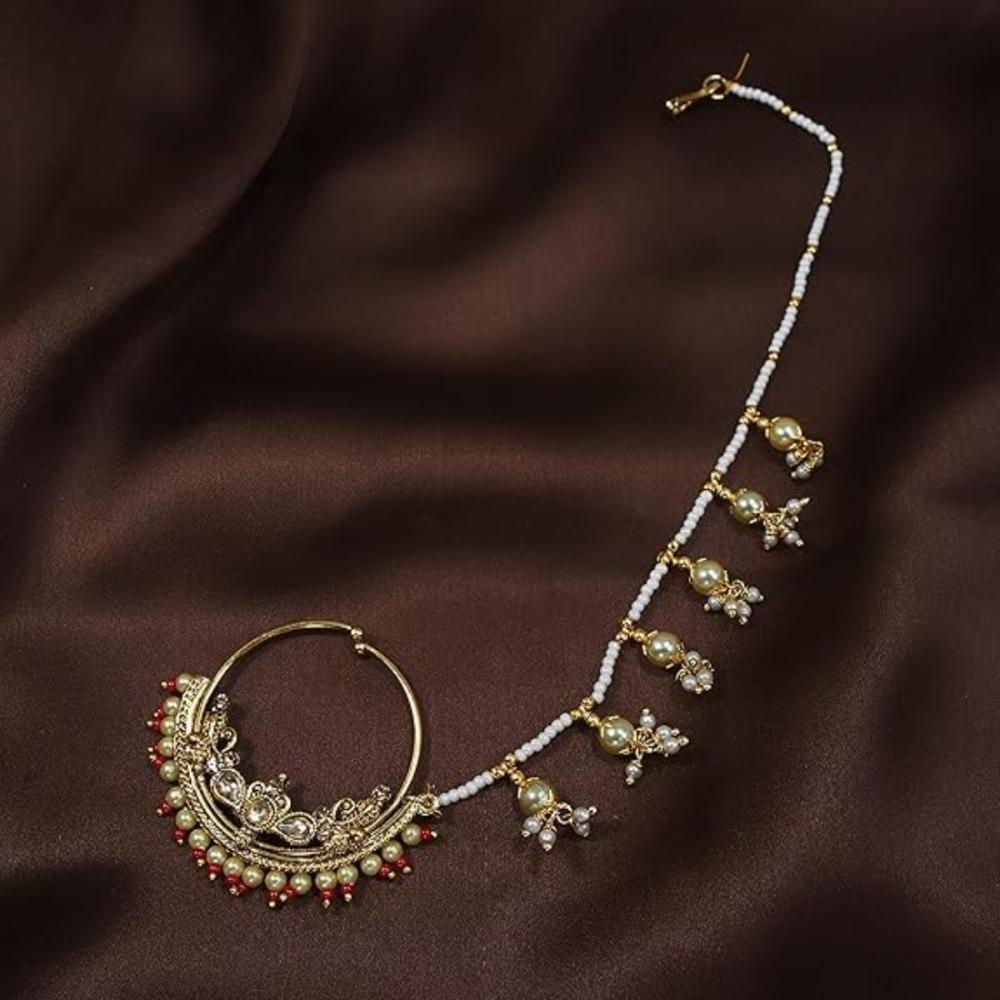 Etnico Gold Plated Bridal Nose Ring/Nath without piercing with Pearl Chain For Women (NL39R)