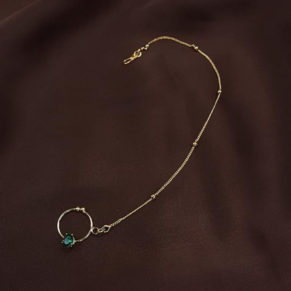 Etnico 18k Gold Plated Traditional Ethnic Bridal Nose Ring/Nath without piercing with Chain Encased with Pearl Stone for Women/Girls (NL44G)