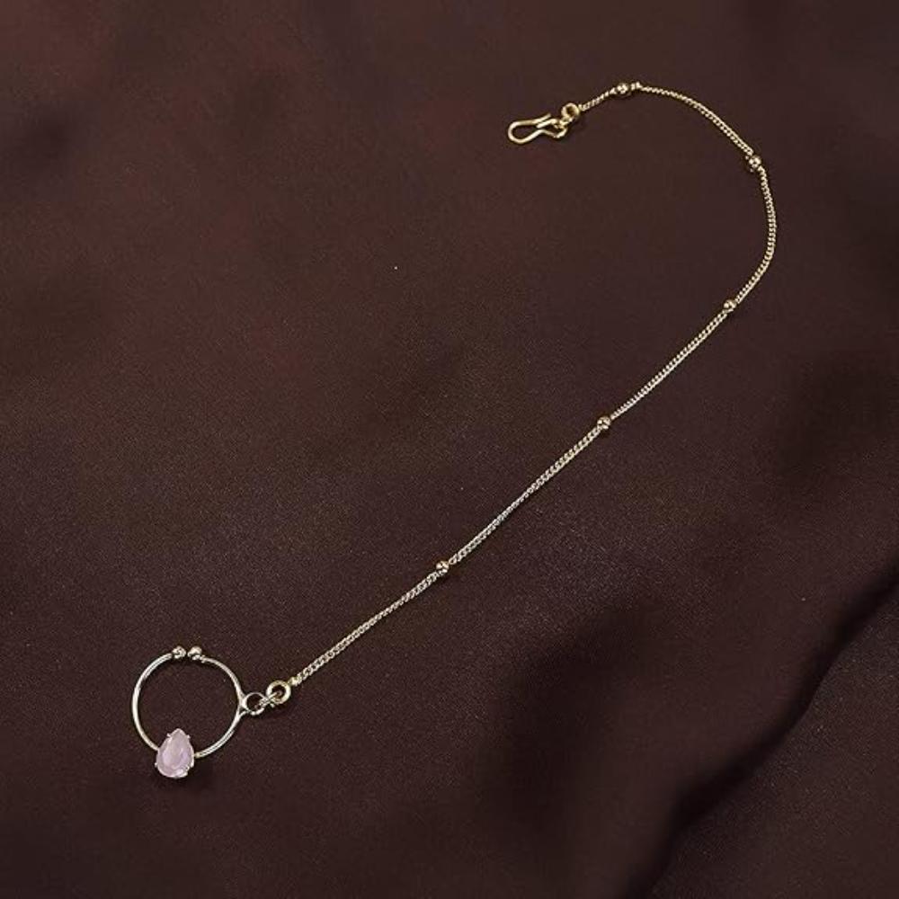 Etnico 18k Gold Plated Traditional Ethnic Bridal Nose Ring/Nath without piercing with Chain Encased with Pearl Stone for Women/Girls (NL44Pi)