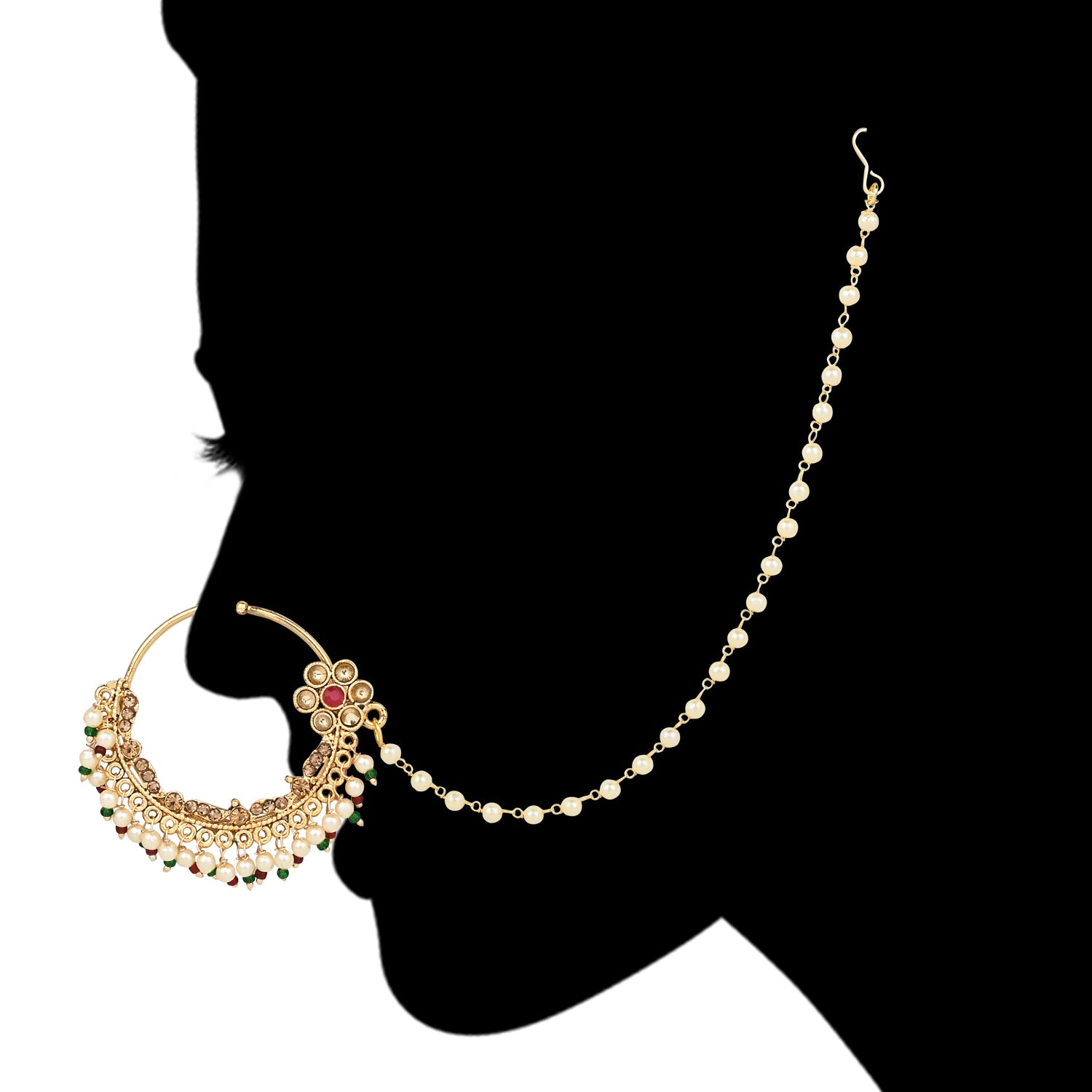 Etnico Gold Plated Traditional Ethnic Bridal Nose Ring/Nath Without Piercing with Pearl Chain Encased with Pearl Stone for Women/Girls (NL65M)