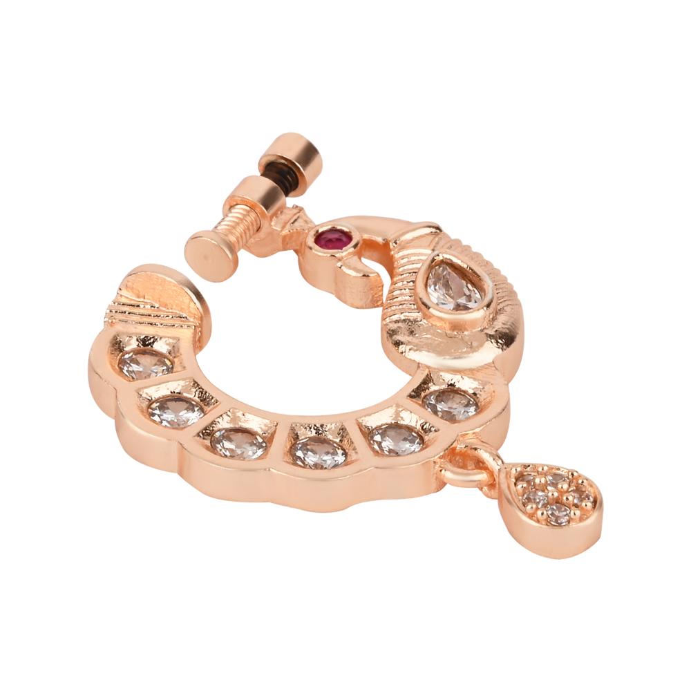 Etnico Rose Gold Plated Traditional Peacock Design CZ American Diamond Non-Piercing Screw Press Nose Pin/Nath Clip on For Women (NL74RG)