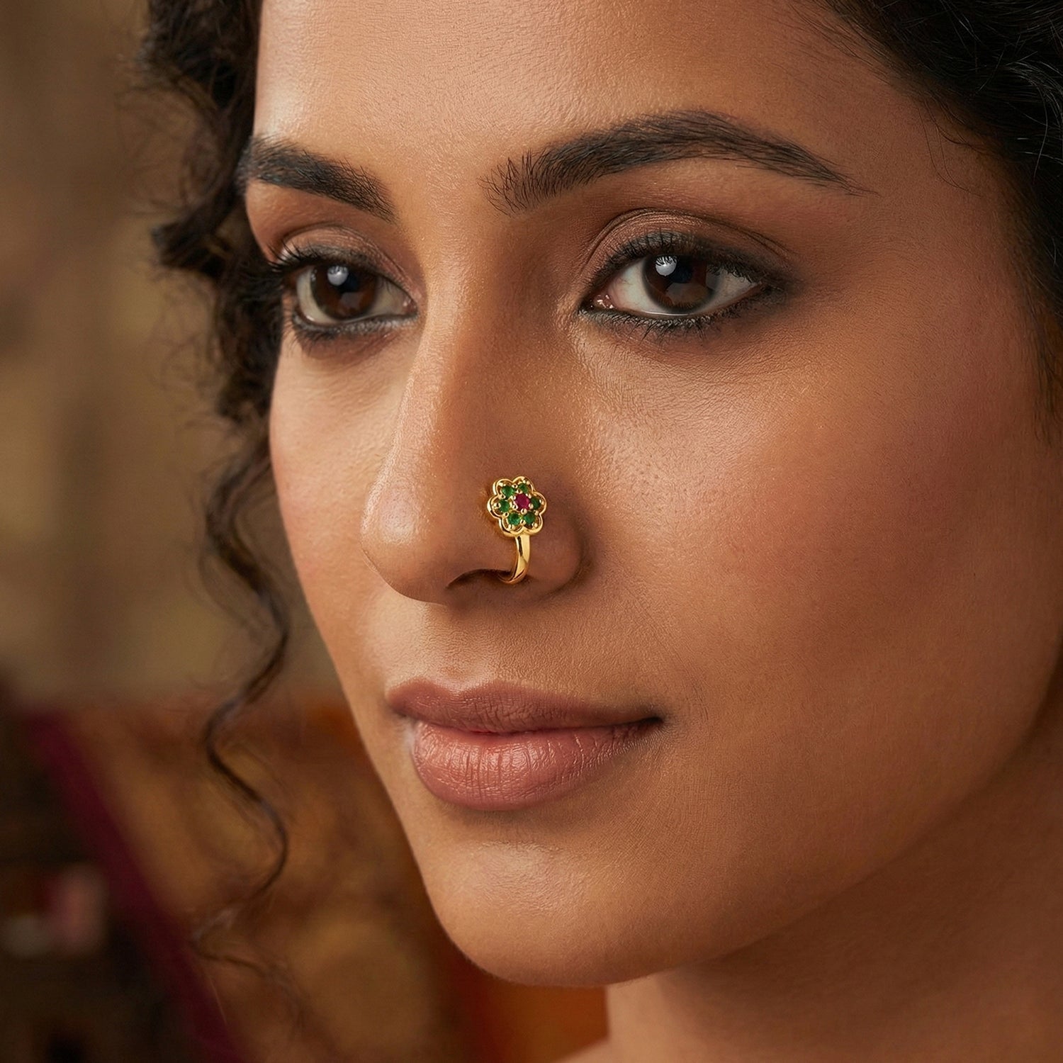 Mahi Gold-Tone Non-Piercing Floral Adjustable Nose Ring with Red & Green Crystals for Women (NR1100179GMul)