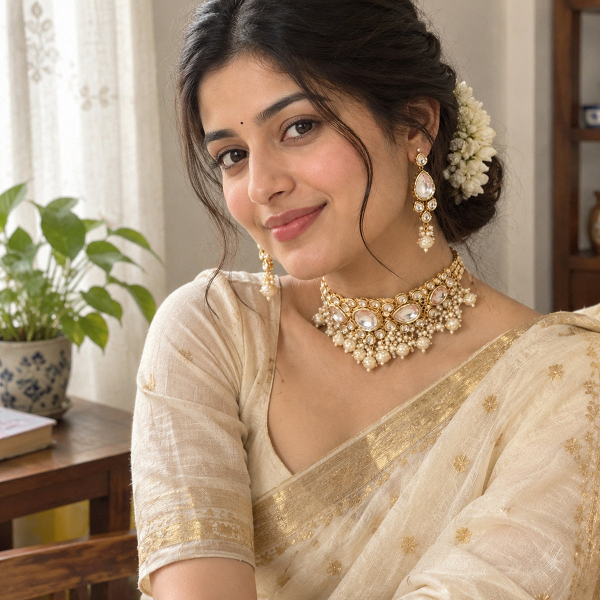 Js Fashion Fancy Design High Gold Polish Beautiful Kundan Stones Kundan Choker Style Necklace Set