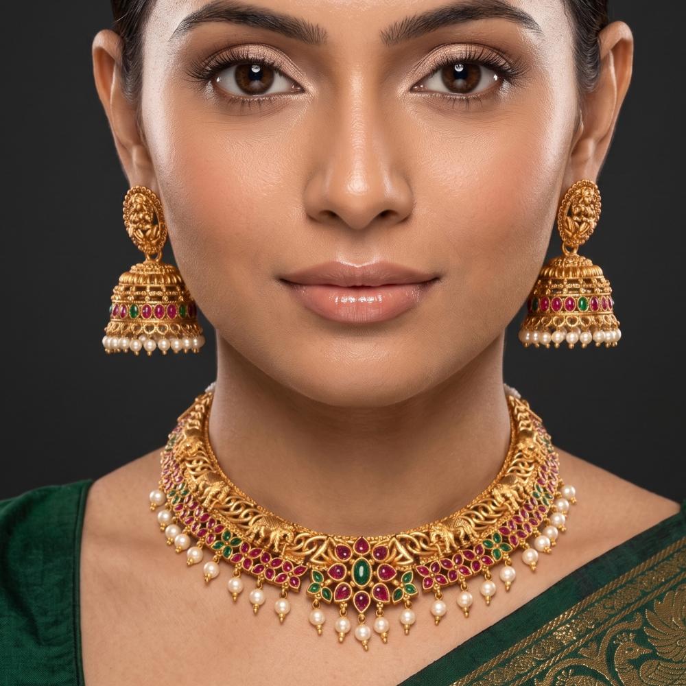 Js Fashion Traditional Temple Necklace Set With Green Stones Pearl Drops