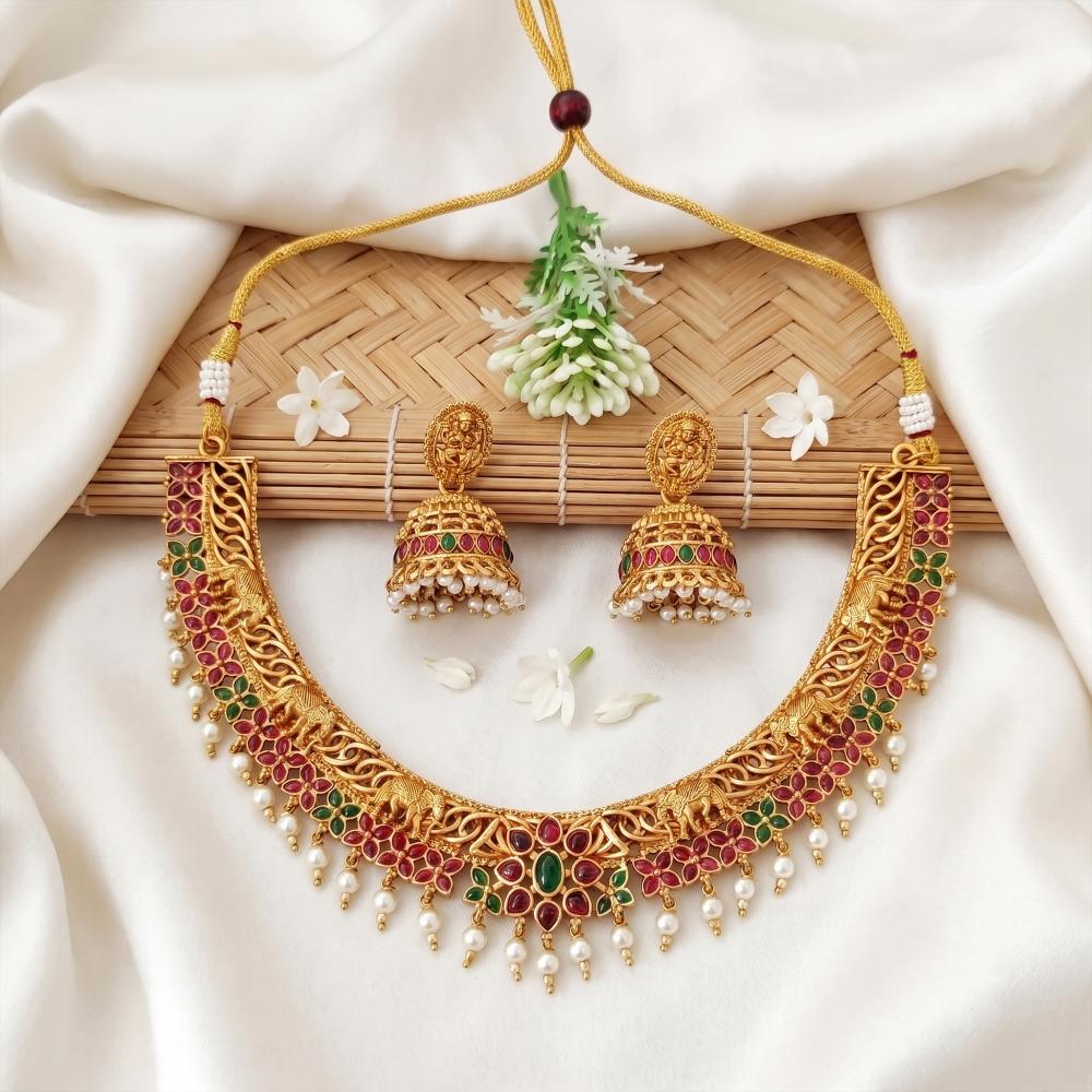 Js Fashion Traditional Temple Necklace Set With Green Stones Pearl Drops