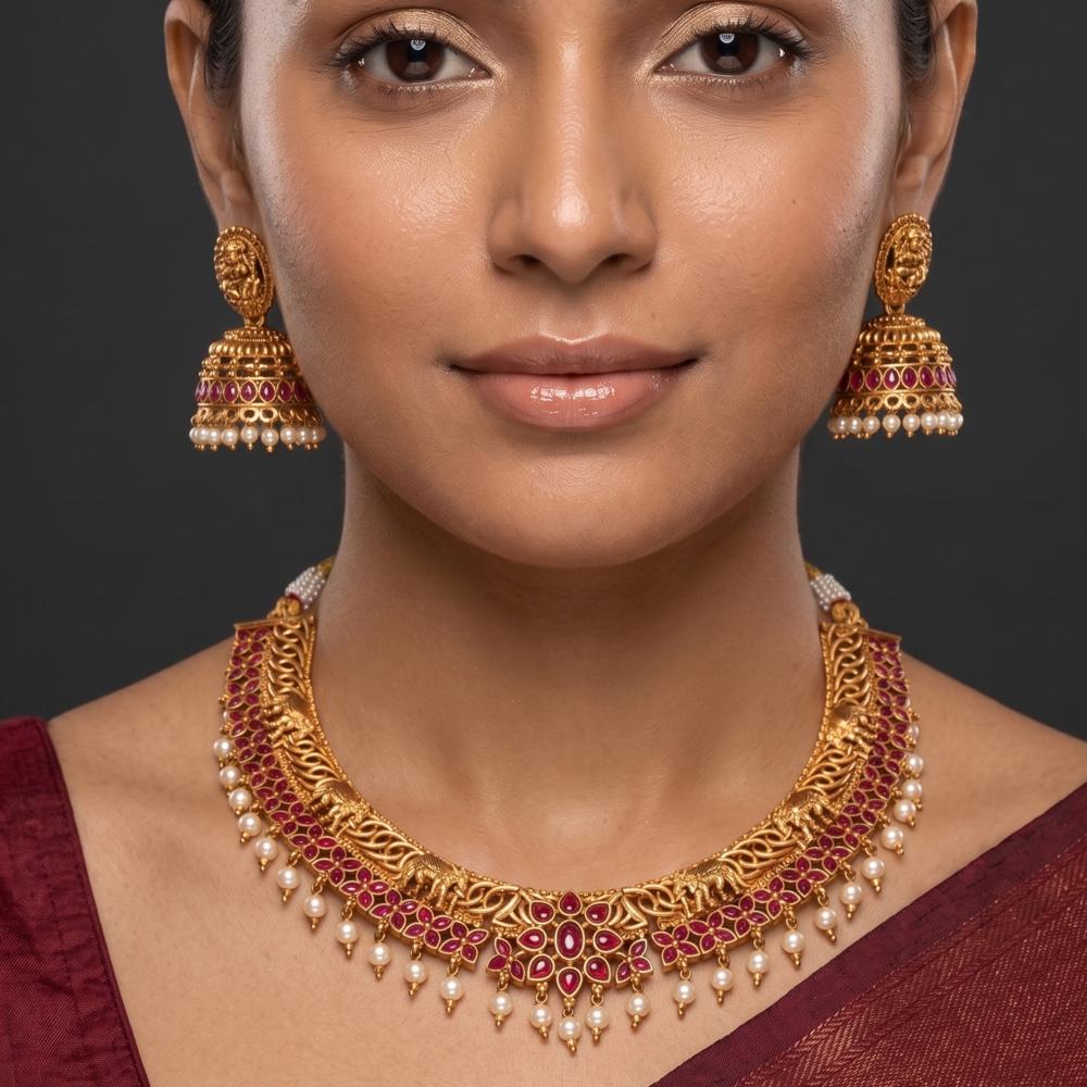 Js Fashion Traditional Temple Necklace Set With Green Stones Pearl Drops