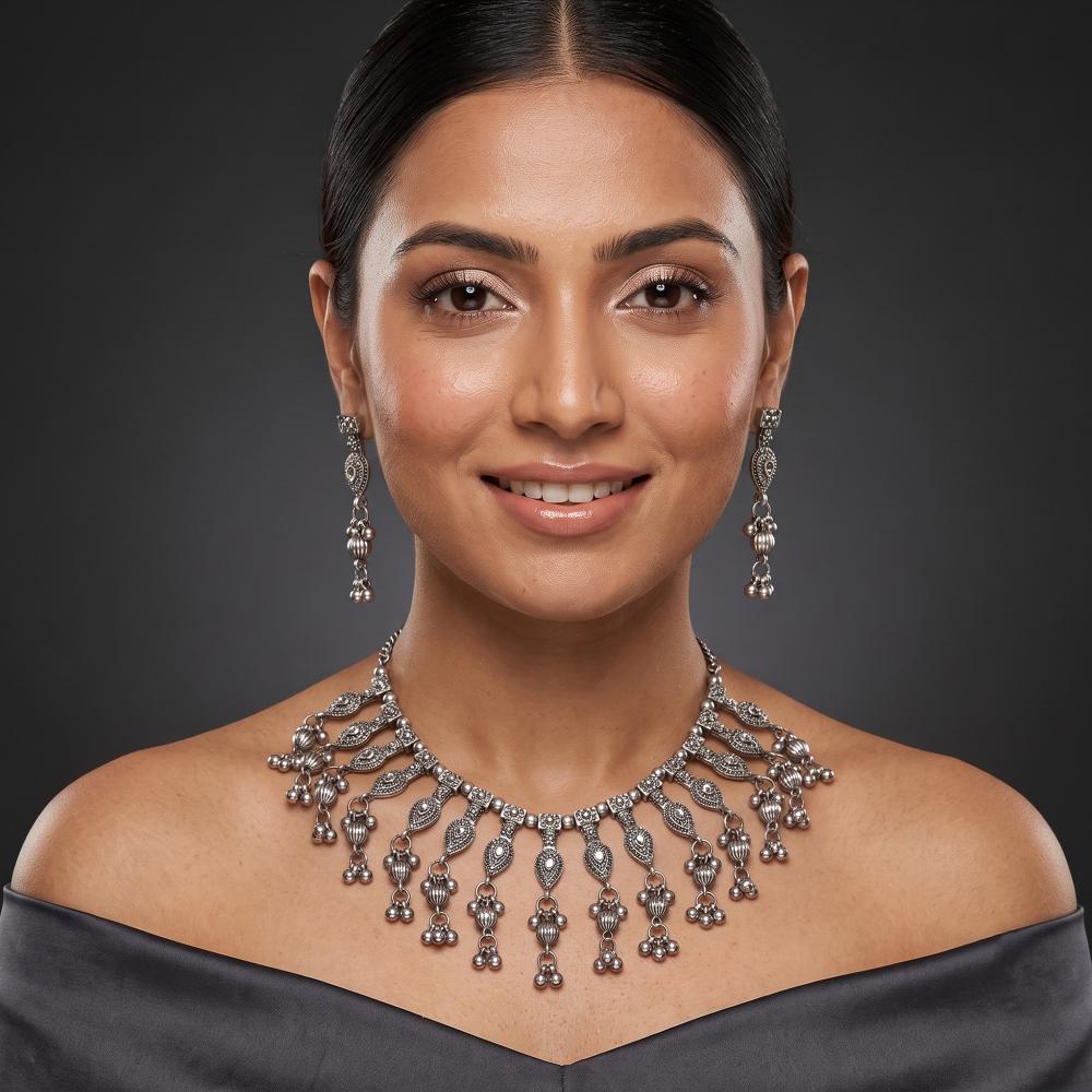 Js Fashion Oxidized Silver Necklace Set with Matching Dangle Earrings Design